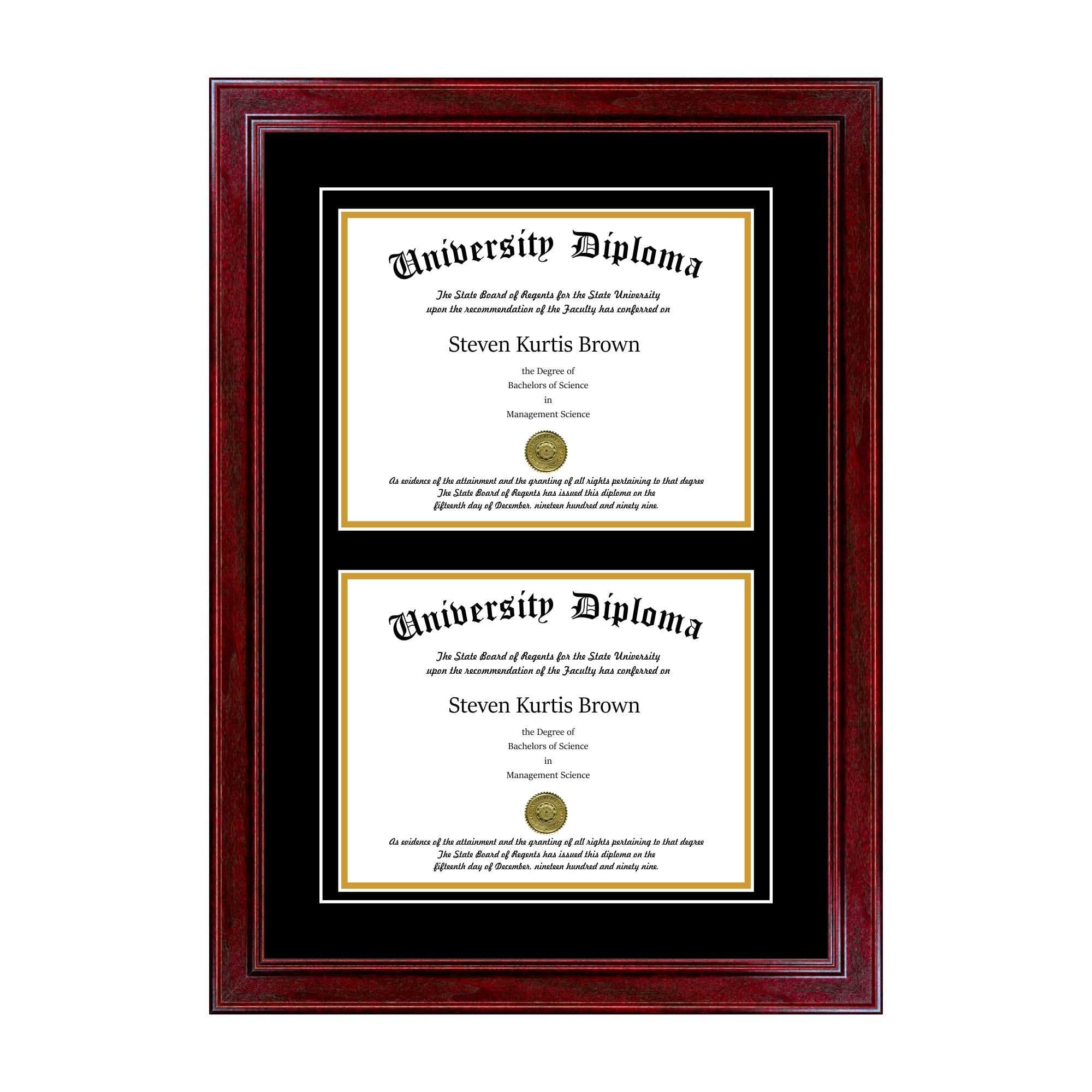 Double Diploma Frame with Double Matting for 14" x 11" Tall Diploma with Cherry 1.5" Frame