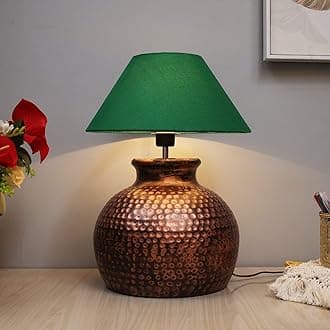 Homesake Antique Hammered Table Incandescent Lamp Oil-Rubbed Bronze Metal Linen Drum Shade For Living Room Family Bedroom, (Pot, Green)