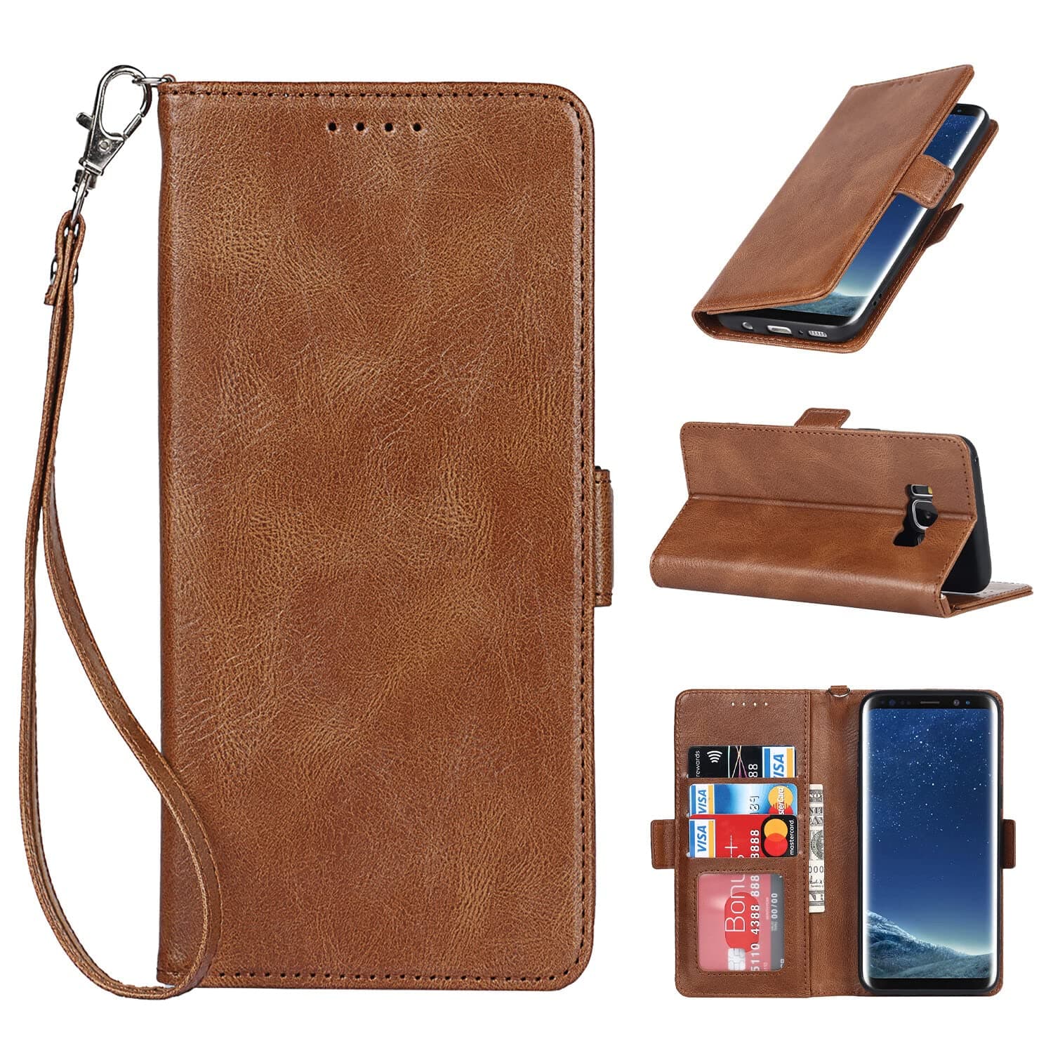 Samsung Galaxy S8 Case Wallet Luxury PU Leather {RFID Blocking} with Card Holder Shockproof Protective Wristband Lanyard Flip Cover for Samsung Galaxy S8-Brown, C-Brown