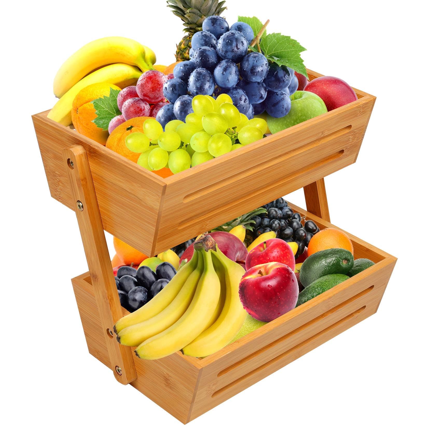 2-Tier Bamboo Fruit Basket, Fruit Stand for Kitchen Countertop, Vegetable Produce Bread Storage Holder