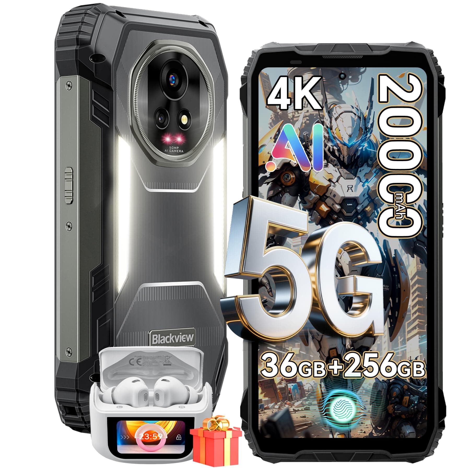 Blackview XPLORE 2 Gemini AI 5G Rugged Phone with Projector, Dimensity 8300 Android 15 6.73" 3.2K AMOLED 20000mAh/120W 36GB+256GB T-Mobile, 50MP+20MP Night Vision, 467LM Dual Camp Lights WiFi6E IP69K