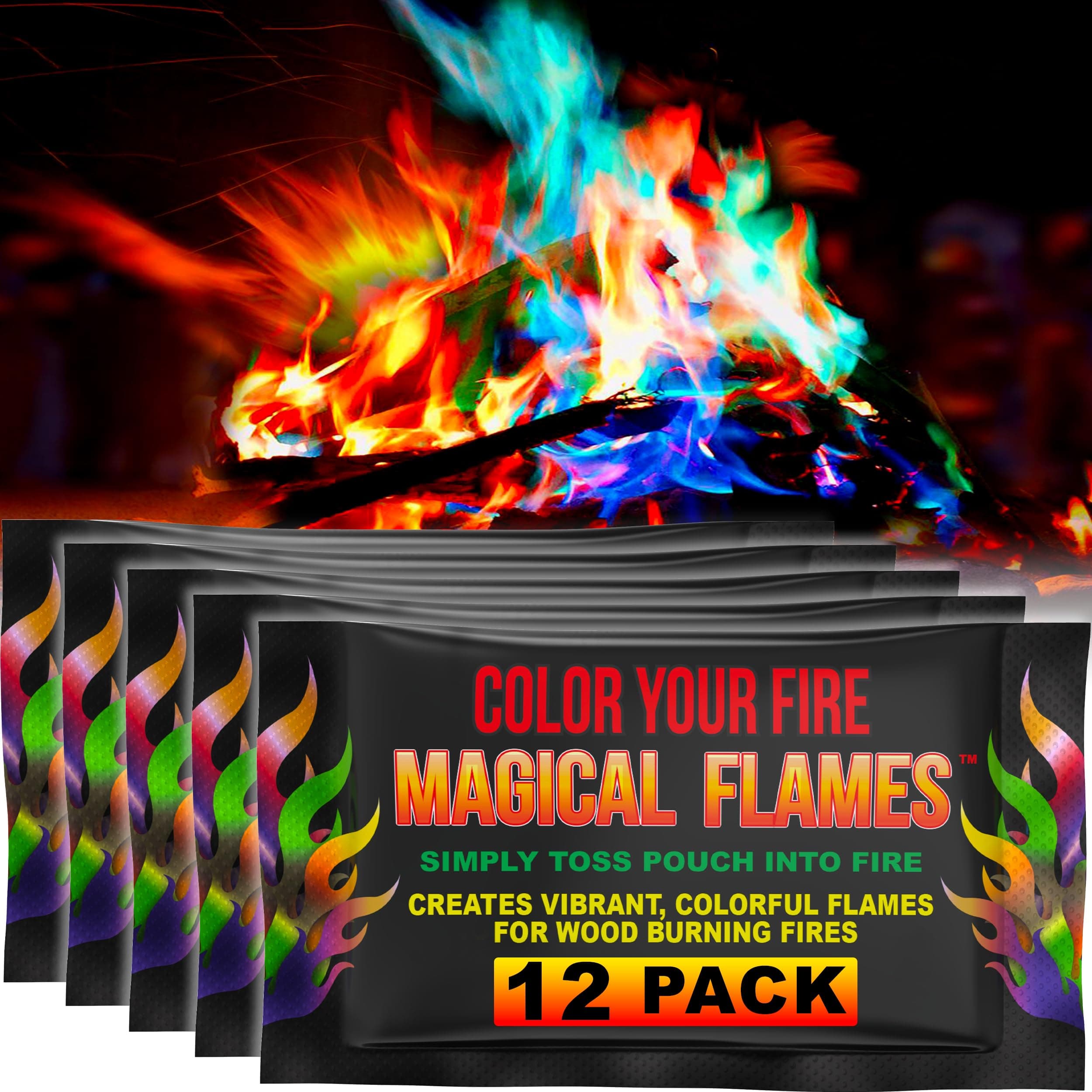 Magical Flames Fire Color Packets (12 Pack), Vibrant Multi-Color Fire for Fire Pits, Campfires, Bonfires & Fireplaces - Camping Essentials & Outdoor Party Accessories