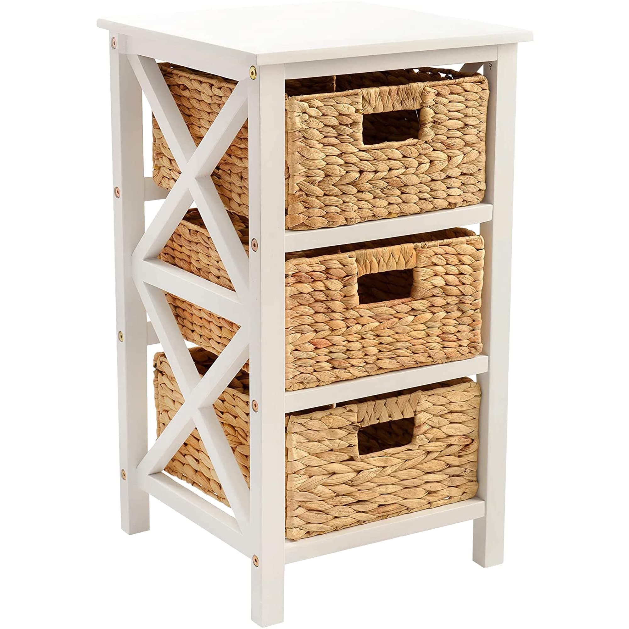 eHemco 3 Tier X-Side End Table with 3 Wicker Baskets for Bedside, Living Room, White