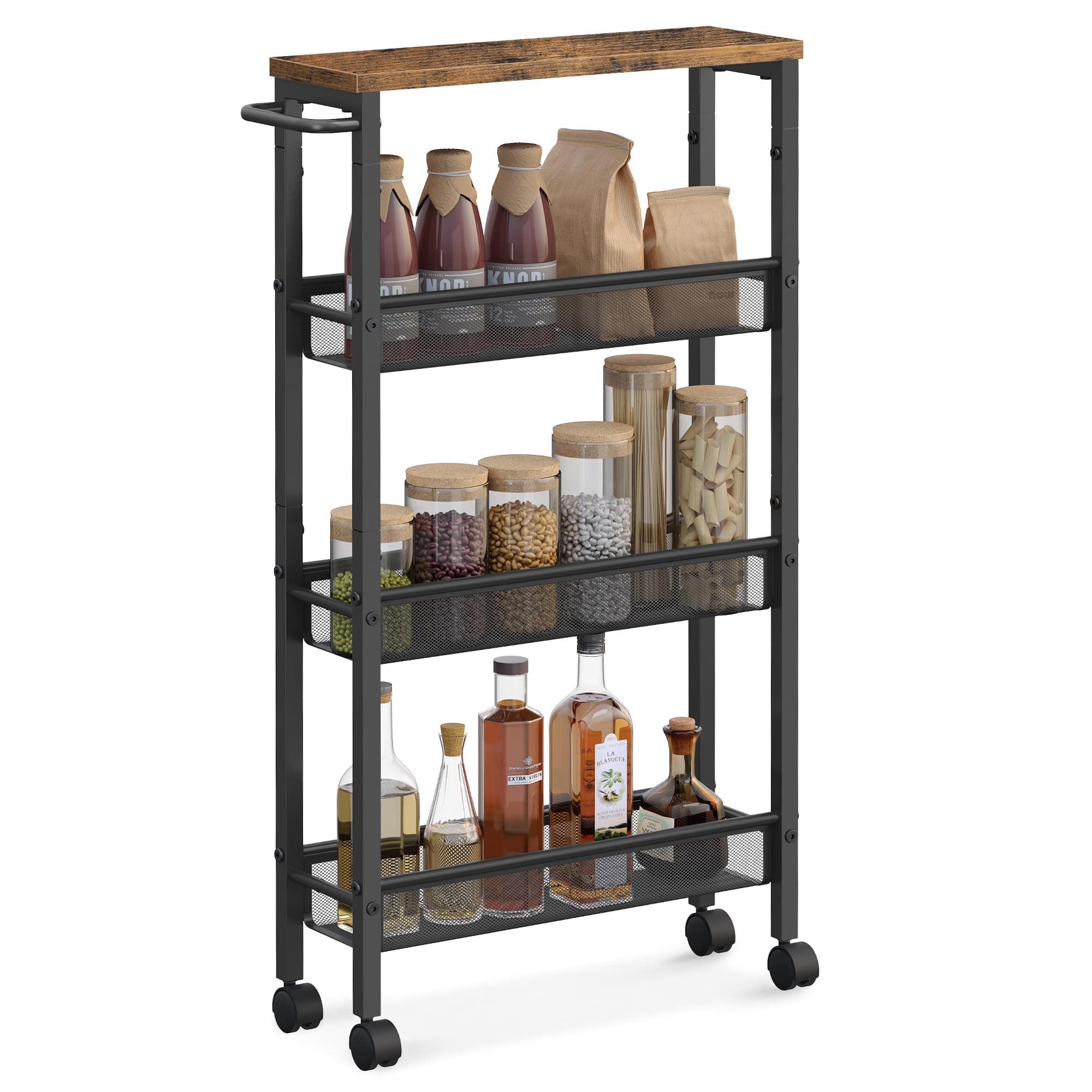 VASAGLE 4-Tier Trolley, Space-Saving Kitchen Cart with Castors, 13 cm Deep, Steel Frame, Handle, Trolley for Small Spaces, Kitchen Bathroom Living Room Studio, Rustic Brown and Black LRC032B01V1