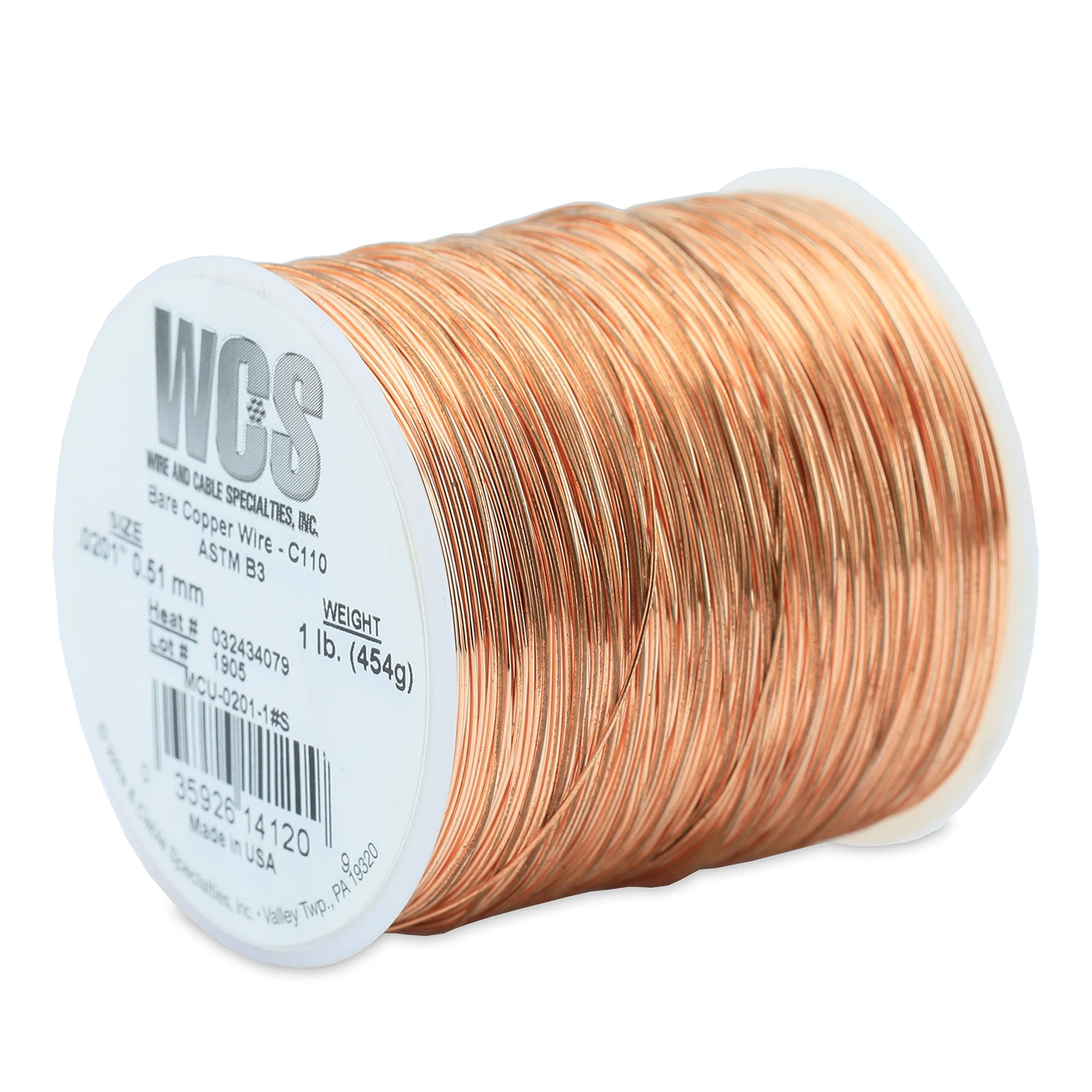 WCS Bare Copper Wire, C110, ASTM B3, MS20995CU, .0200 in (0.51 mm), 24 Gauge, Soft Temper, 1 lb (0.45 kg) Spool, Approx. 792 ft (241 m)