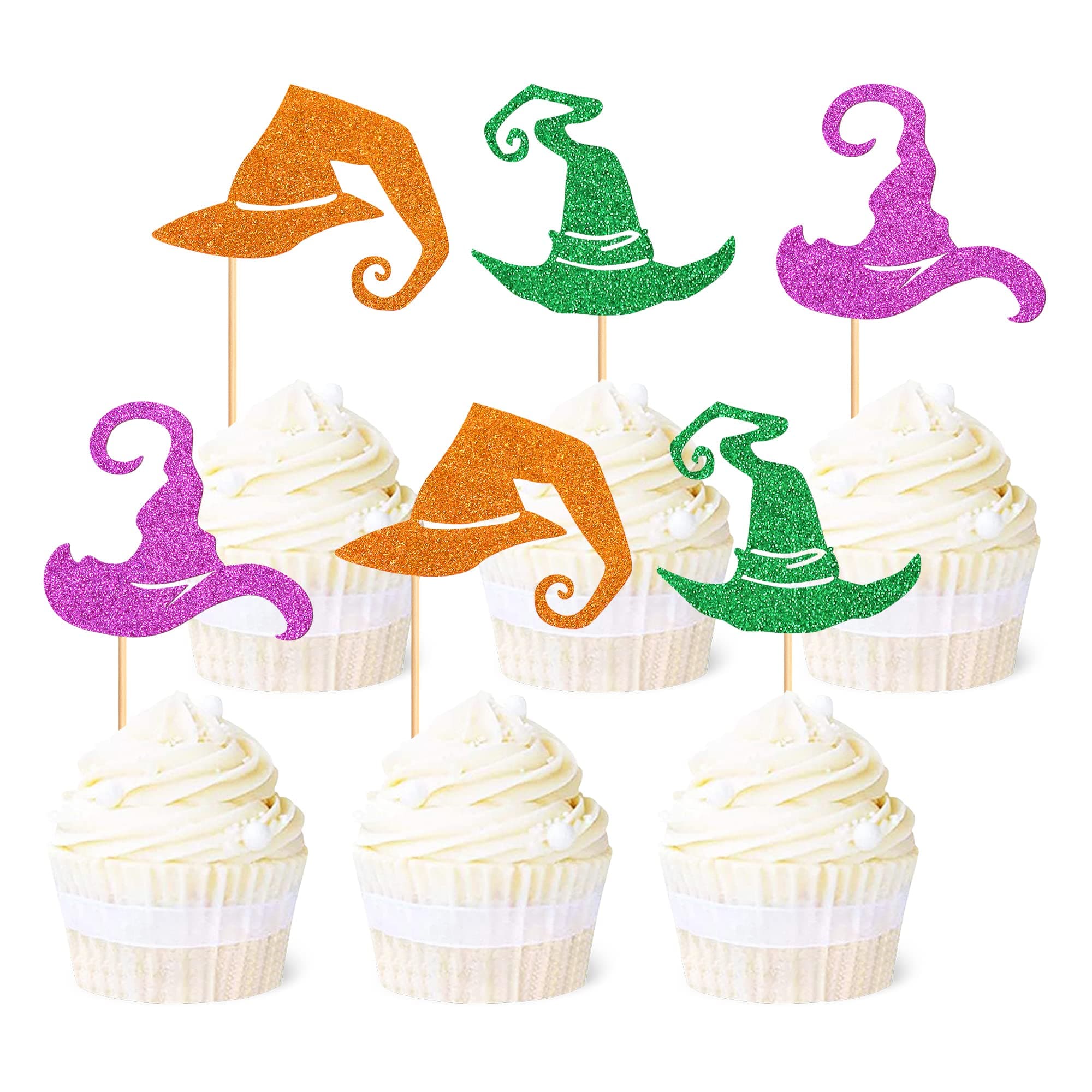 Ercadio 24 Pack Halloween Witch Hat Cupcake Toppers Glitter Witch Cupcake Picks Halloween Wizard Hat Cupcake Decors for Baby Shower Birthday Halloween Themed Party Cake Decorations Supplies