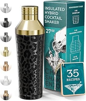 BARE BARREL Insulated Cocktail Shaker Set | Double Wall Stainless Steel | Martini Shaker for Home Bar Bartending | Built-in Drink Measure System & Strainer, Travel Bag, Recipes | Gift Set (Leo Gold)