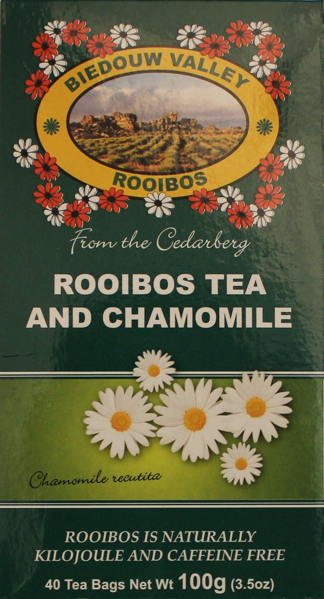 Rooibos Tea + Chamomile(10%): 40 Bag Count 3.5oz. 100% Natural Original S. African Healthy Herbal Tea. Caffeine and Calorie Free, Antioxidant & Mineral Rich. Grown At High Altitude in Natural Habitat.