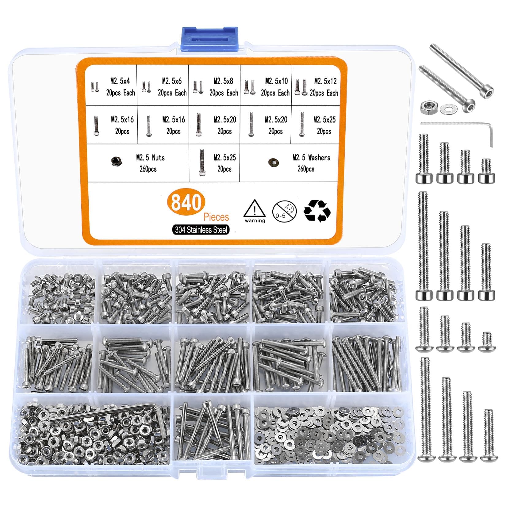 M2.5 Screw Set, 840 Hex Head Screws with Pan Head, Cylinder Nuts and Washers Assortment Kit, Thread Screws Cylinder, Stainless Steel Screw Set