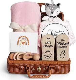 Baby Shower Gifts, Baby Girl Gifts Basket, Unique Baby Gift Essential Stuff Set - Baby Lovey Blanket New Born Bibs Socks Wooden Rattle & Greeting Card, Newborn Baby Gift Set (Fox, Pink)