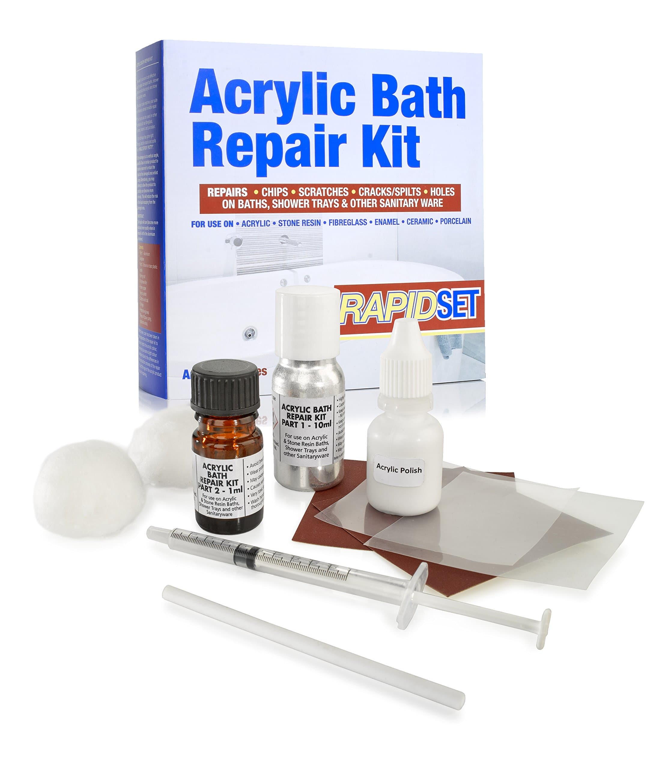 Acrylic Bath Repair Kit, Quick Setting White Solution for Repairing Chips Scratches Dents & Hairline Cracks on Acrylic Plastic, Fibreglass and Stone Resin Baths & Shower Trays
