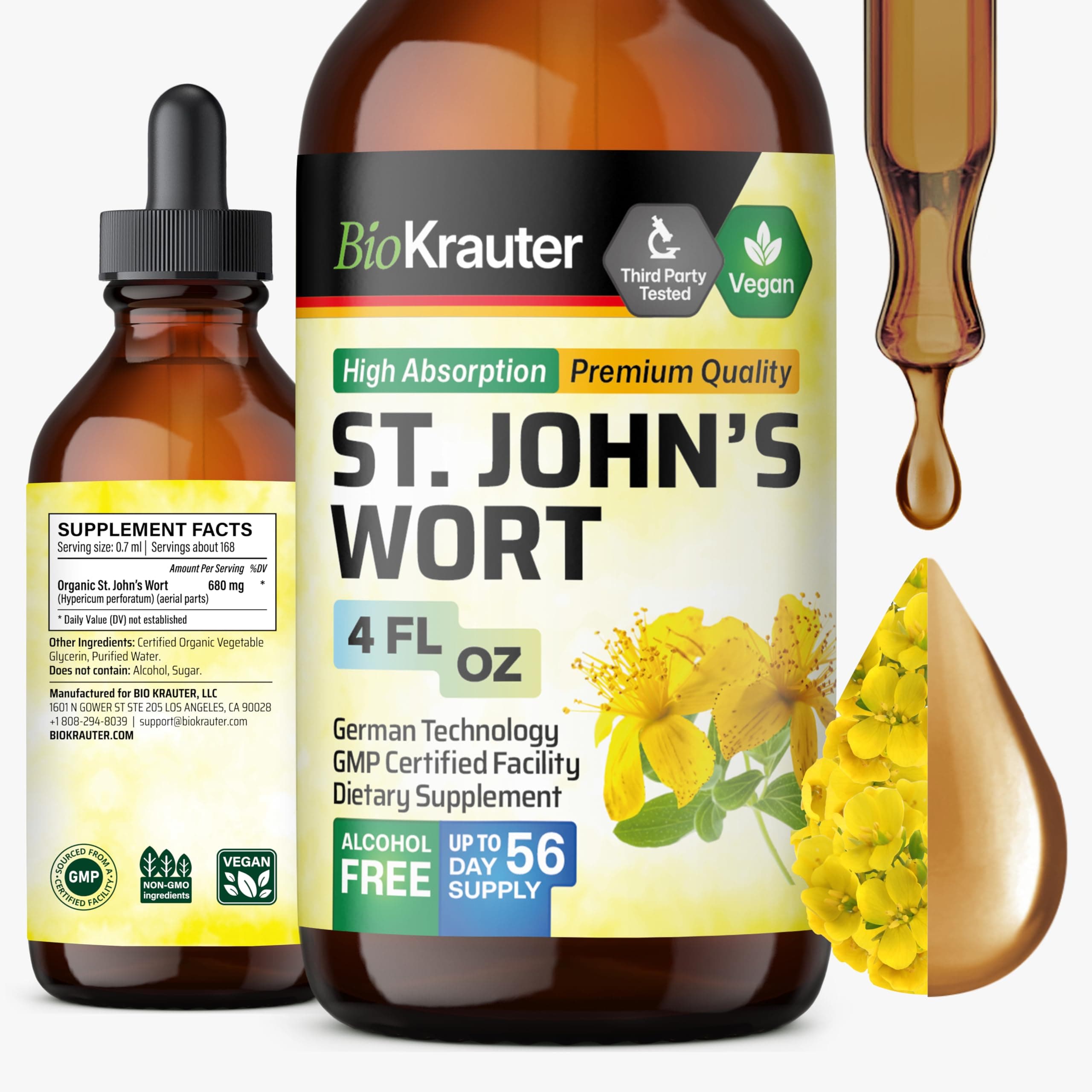BIO KRAUTER® St Johns Wort for Calm & Mood Support - Vegan St. John's Wort for Relaxation & Emotional Wellness Support - Calm Drops 4 Fl.Oz., 56-Day Supply, Alcohol & Sugar Free Herbal Supplements