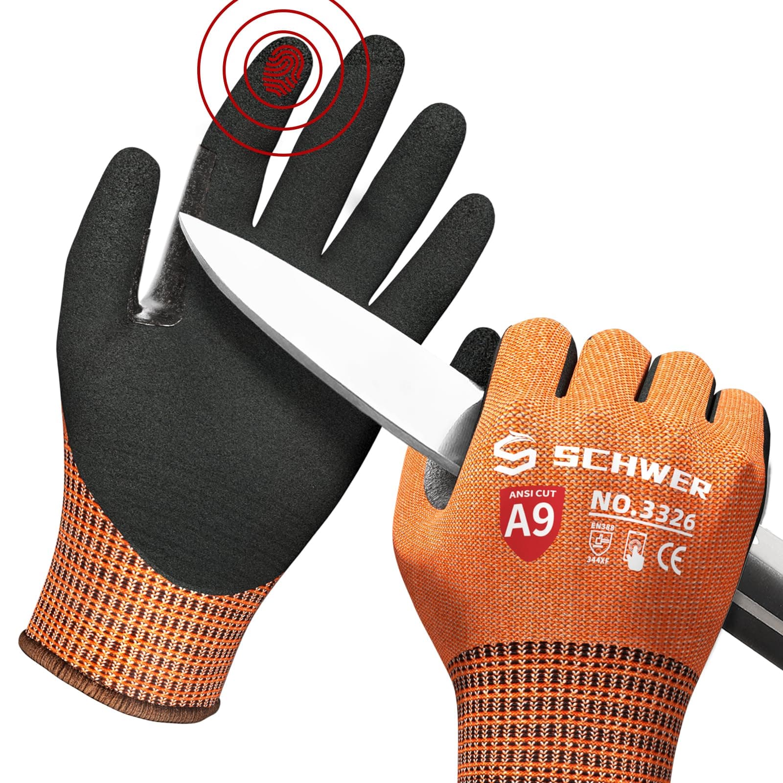 Schwer ProGuard Highest Level Cut Resistant Work Gloves PR3326 for Extreme Protection，ANSI A9 Cut Gloves with Reinforced Thumb, Non Slip, Non PFAS, Durable, Touch-screen, Orange 1 Pair(XXL)