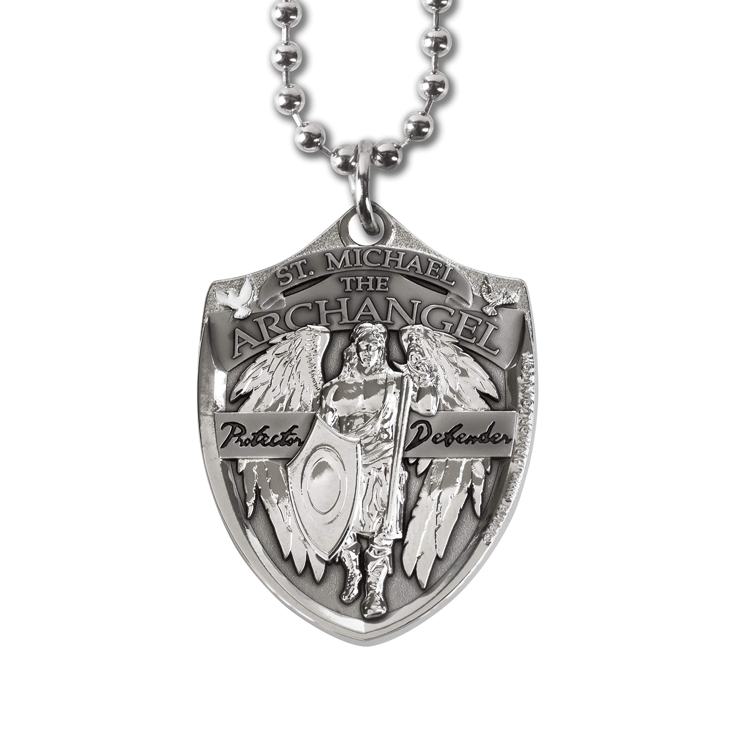 Saint Michael Protector Defender Dog Tag Pendant with Thick Ball Chain - Military Style Necklace
