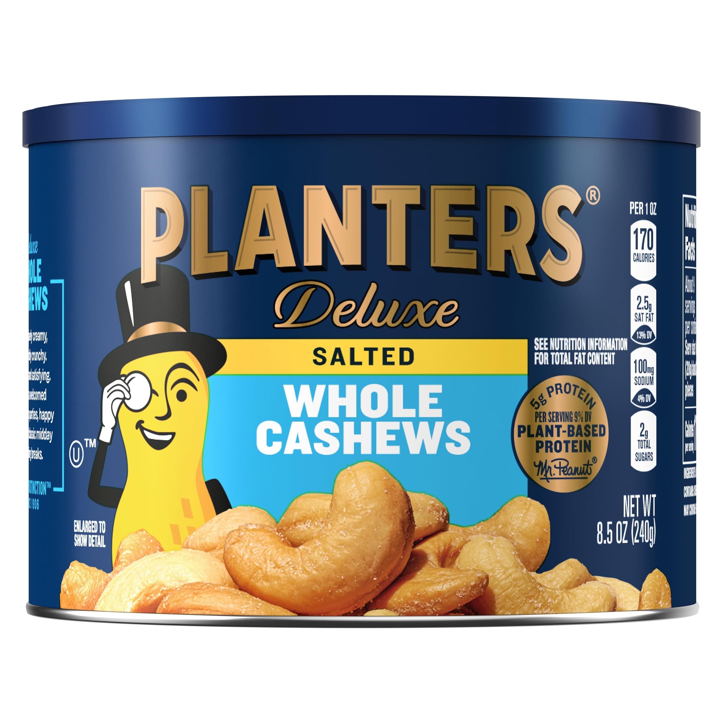 PLANTERS Deluxe Salted Whole Cashews, Party Snacks, Plant-based Protein, 8.5 oz Canister