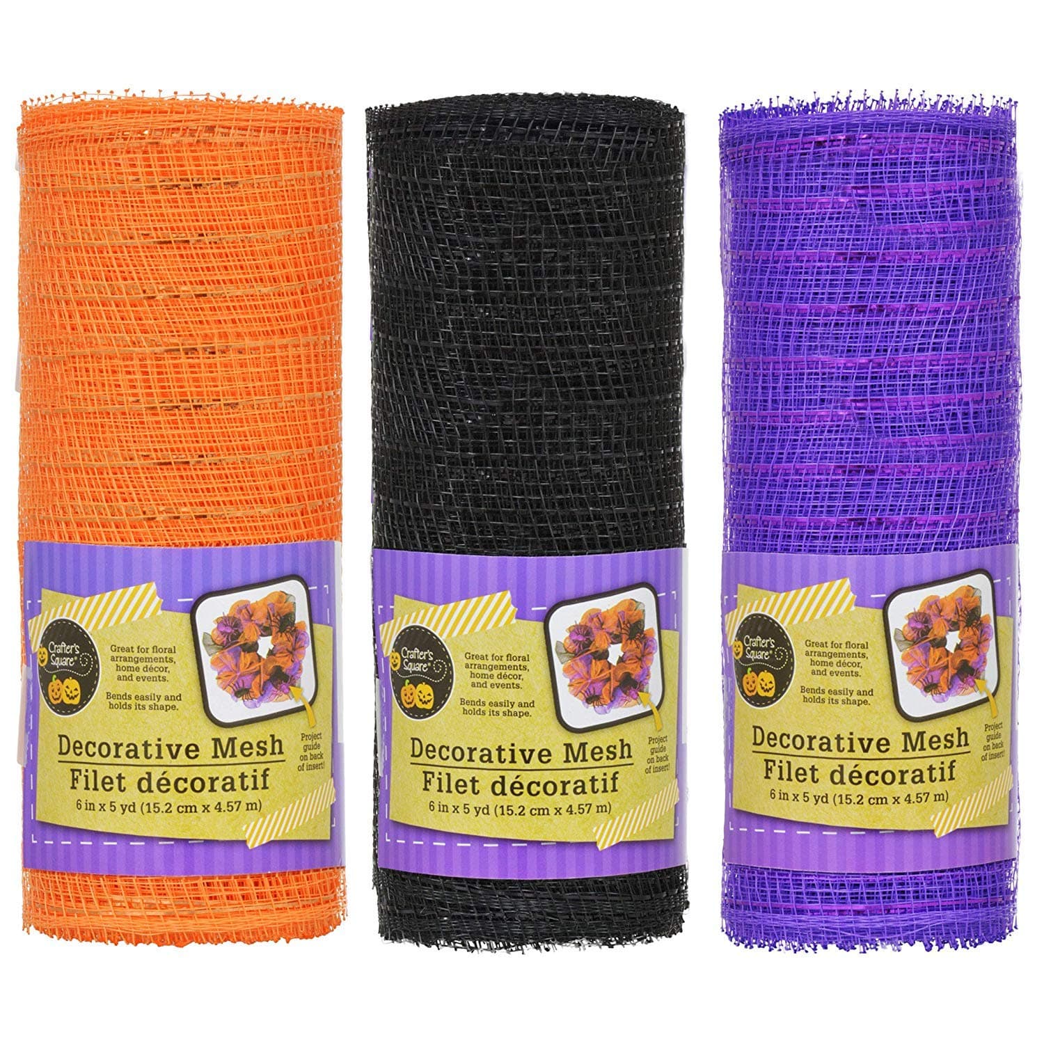 Halloween Fall Harvest Autumn Fall Decorations 3 Pack Crafter's Corner Decorative Mesh - with Metallic Strands - 6 in. x 5 yds Each Black, Purple and Orange