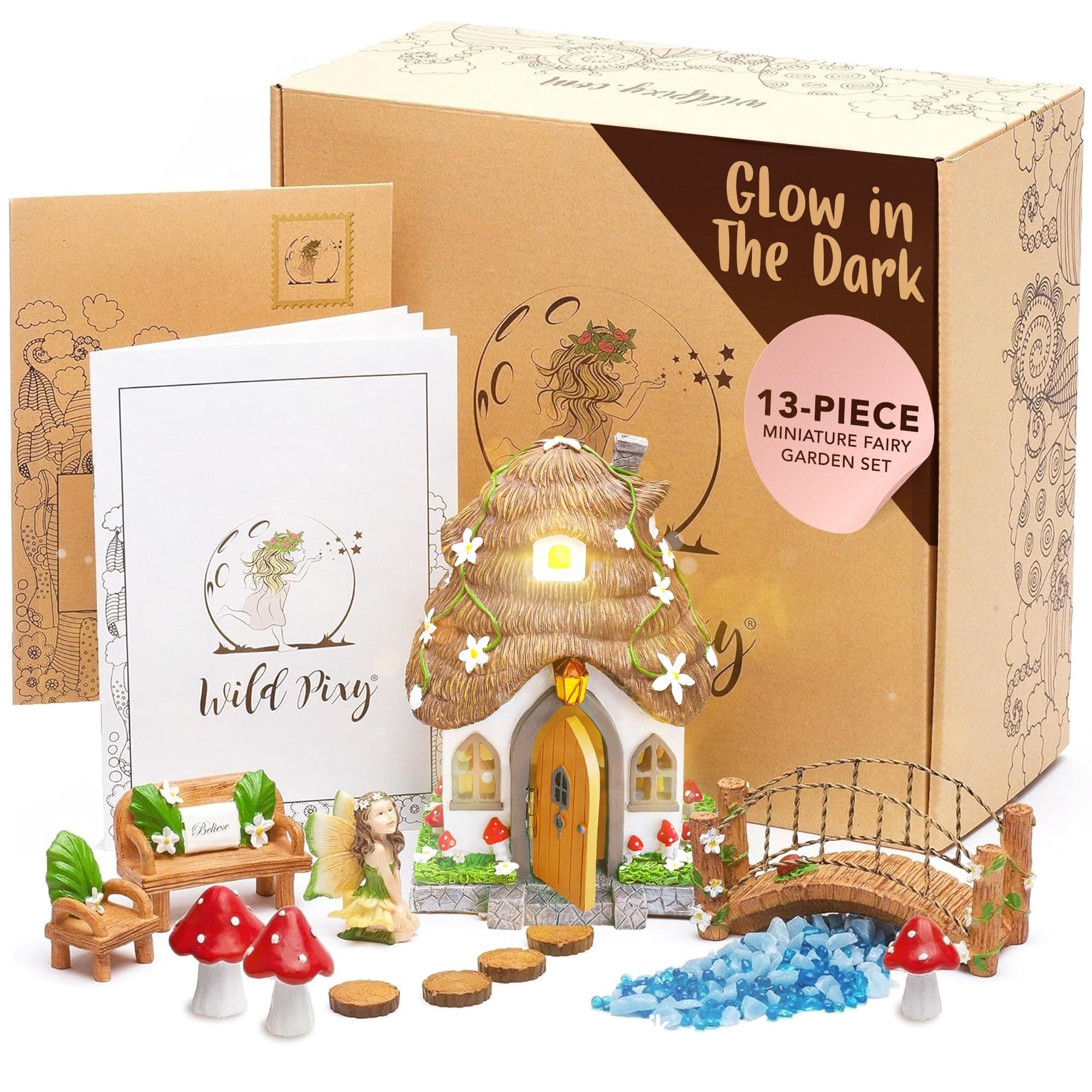 Fairy Garden Kit - 13 Piece Glow in The Dark Accessories with 7.1" Outdoor Fairy House with Opening Door and Solar LED Light, Garden Door for Trees, Stones, Indoor/Outdoor Decor