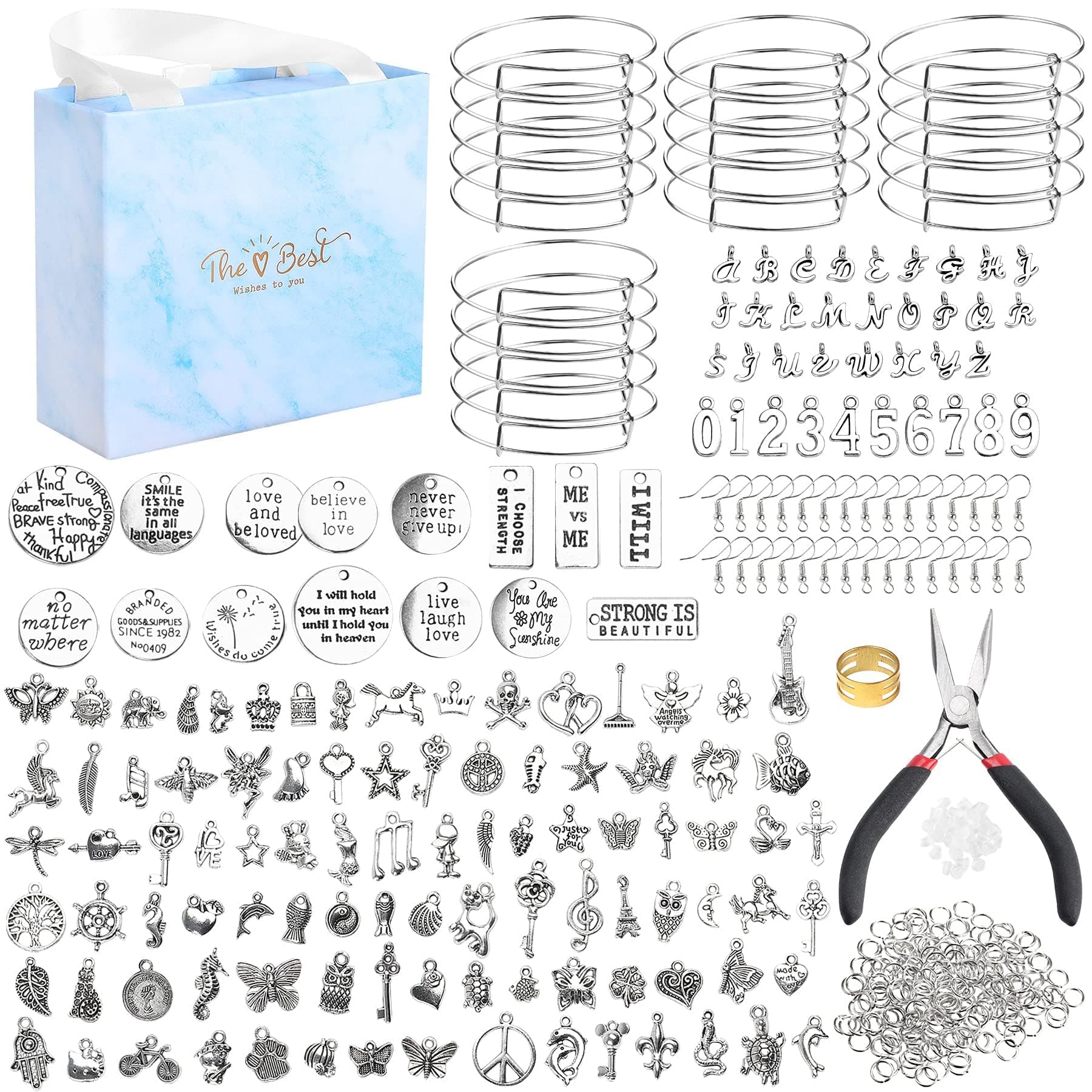 - UPINS 544 Pcs Bracelet Earring Making Kit, Expandable Blank Bangles with Charms Tibetan Silver Pendants, Earring Hooks, Earring backs, Jump Rings and Pliers, Jewelry Gift for Girls DIY Craft