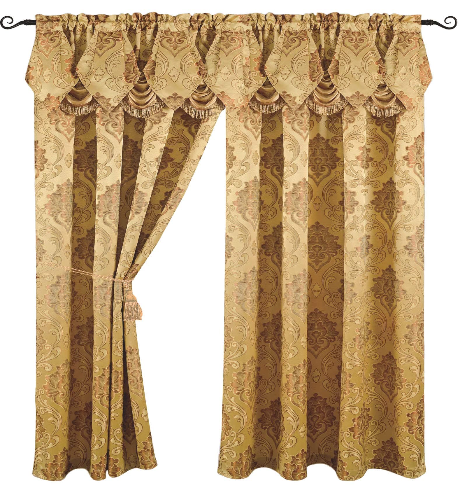 Luxury Jacquard Curtain Panel with Attached Waterfall Valance, 54 by 84-Inch Angelina Gold