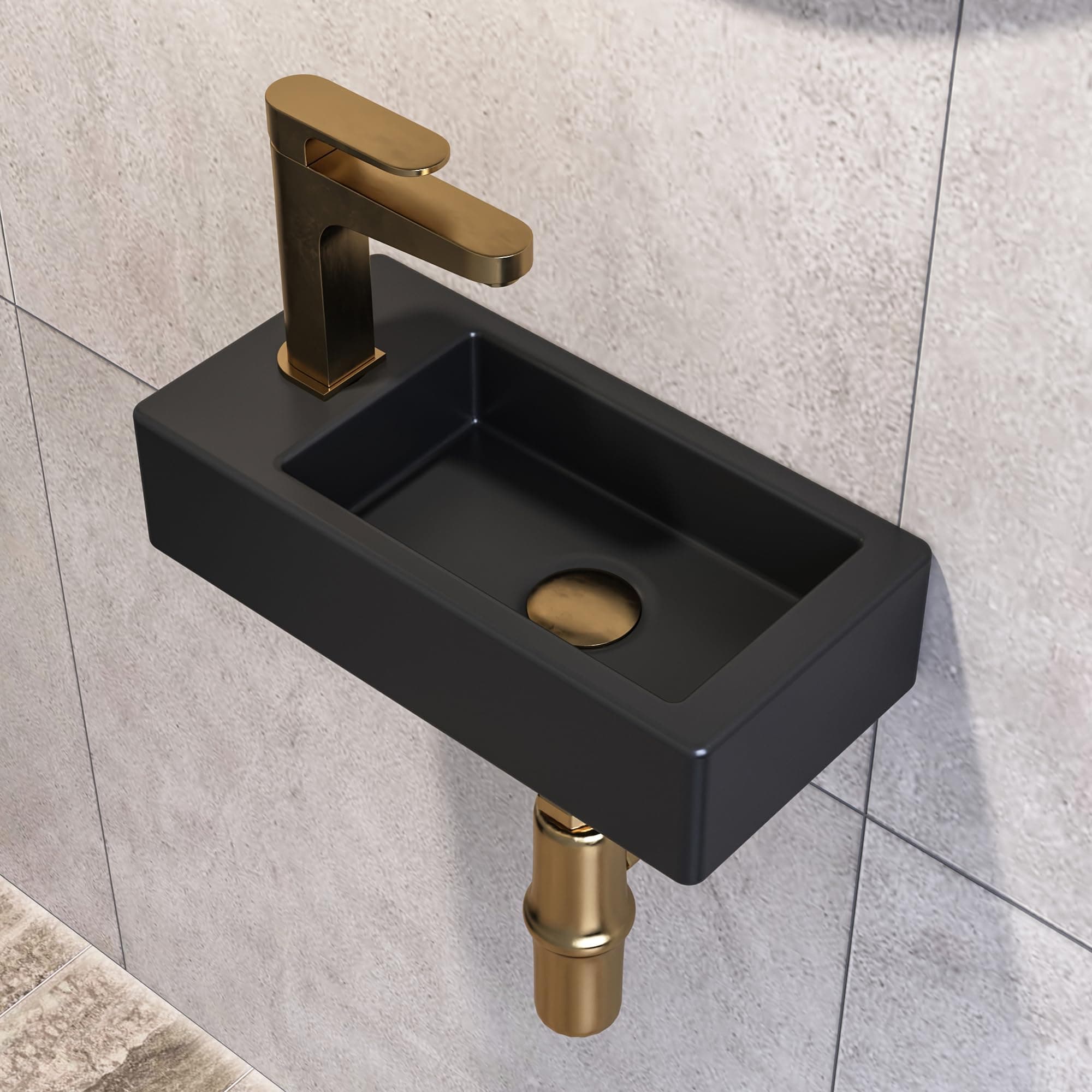 Wall Mounted Bathroom Sink, DeerValley Small Rectangular Bathroom Basin, Cloakroom Ceramic Wash Basin Without Overflow - 37 x 18.5 x 9cm (Black, Left Hand)