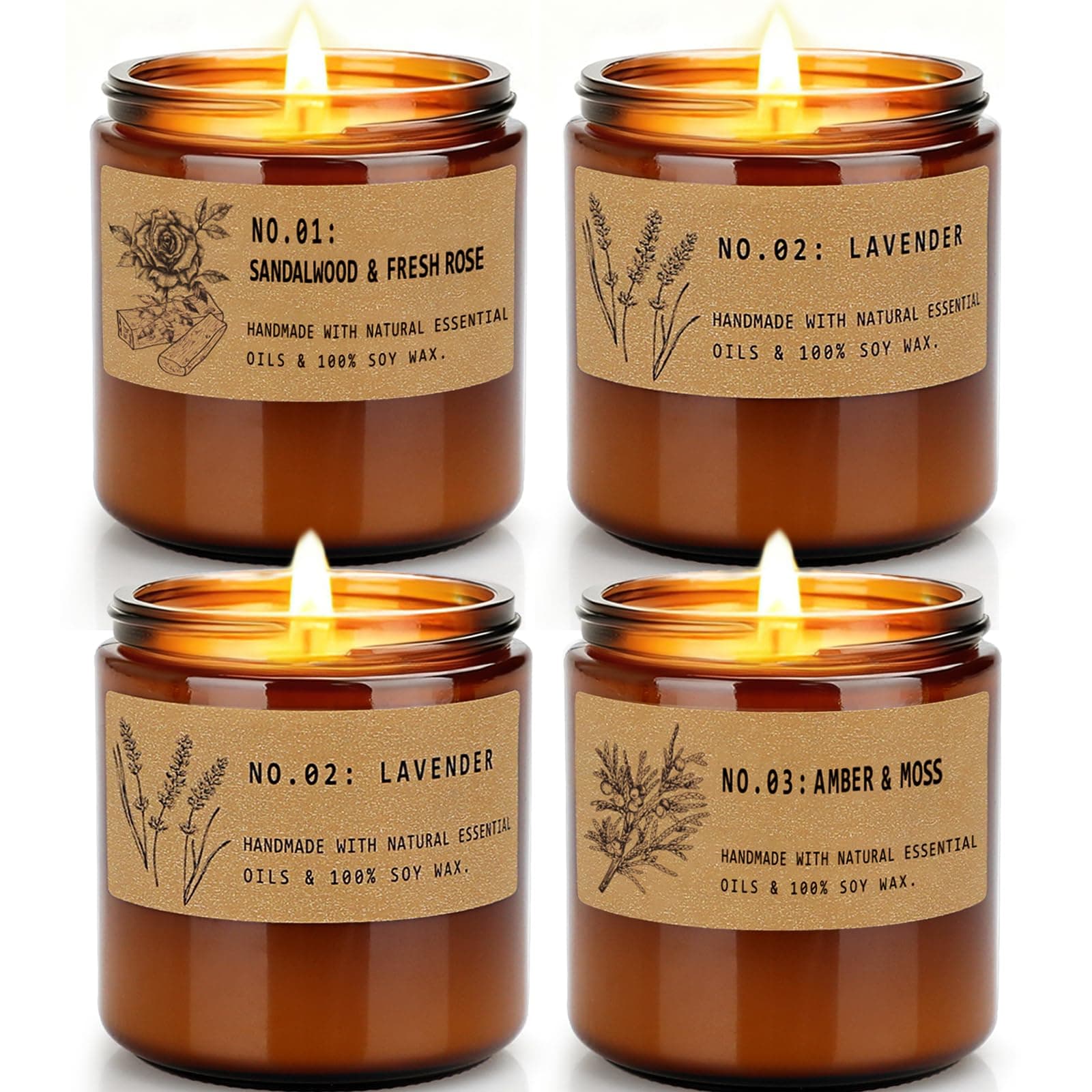 Classic 7 oz Scented Candle Gift Set, 10% Essential Oils Soy Wax Candles in Vintage Amber Jars, Aromatherapy 4-Pack – Sandalwood Rose, Lavender – Luxury Holiday Gifts for Women, Organic Soy Wax