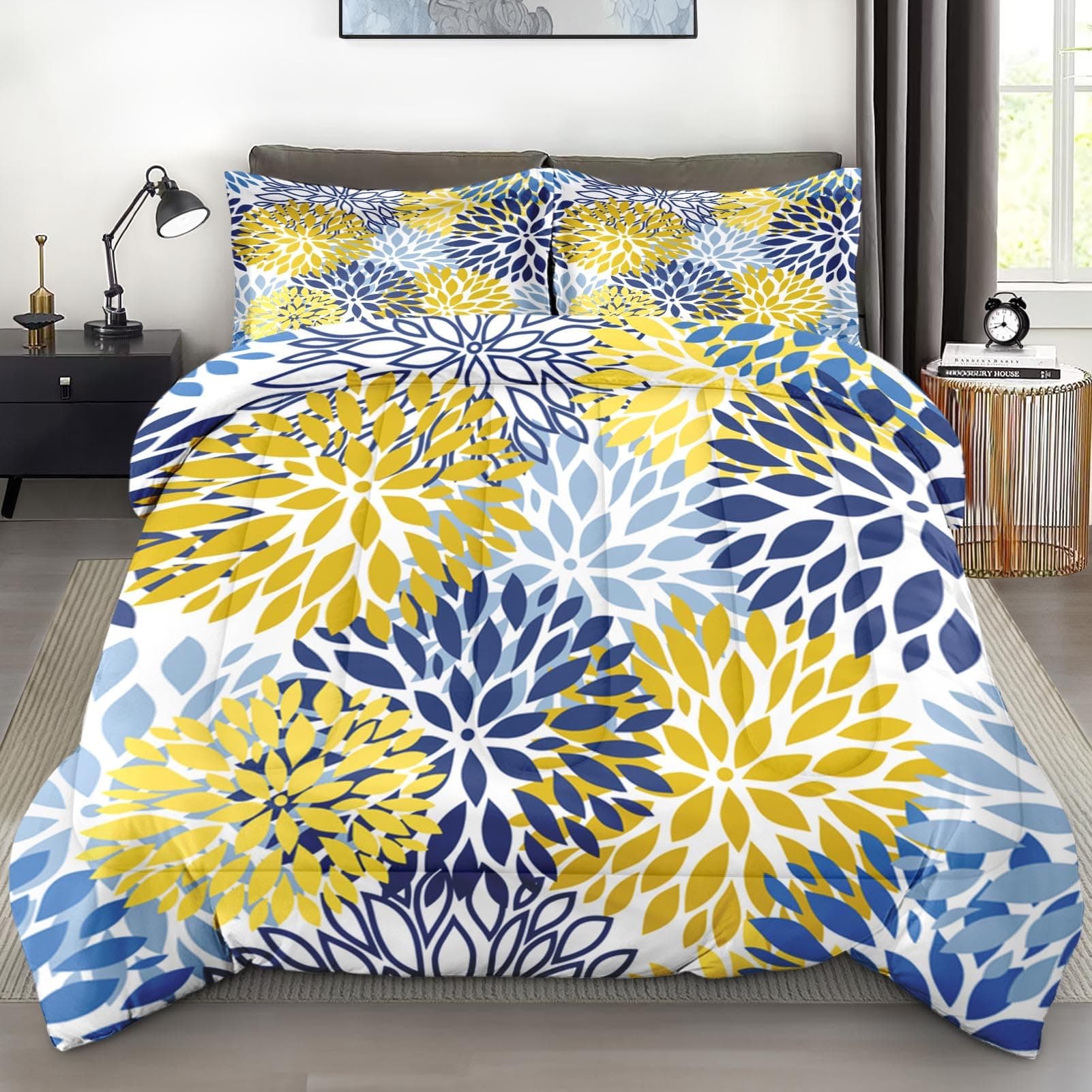 Comforter Set Twin Size, Spring Floral Navy Blue Soft 2 Pcs Bedding for Kids and Adults, Gray Yellow Flower Comforter Set with Pillowcase, for Bedroom Bed Decor
