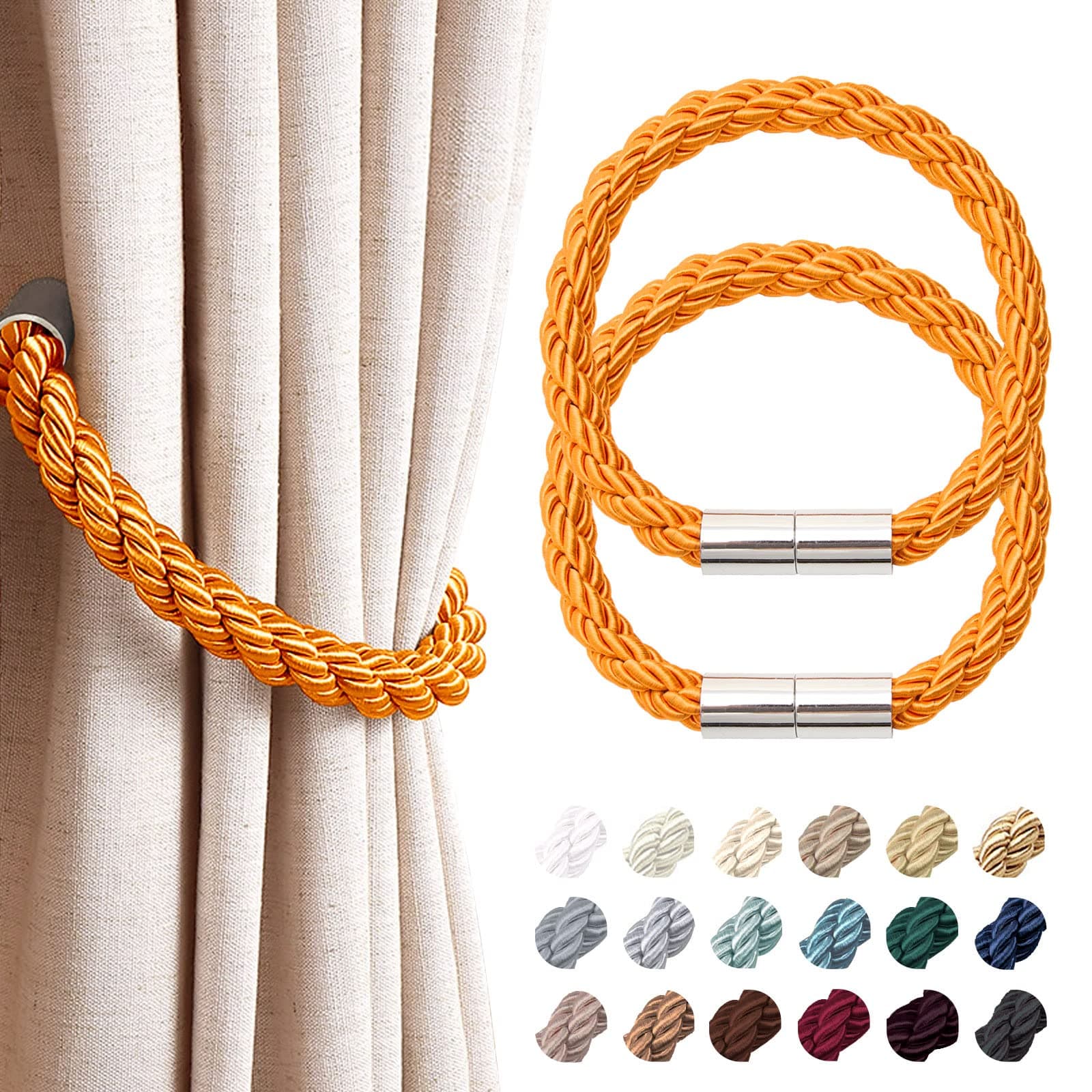 NICEEC 2 Pack Strong Magnetic Curtain Tiebacks Modern Simple Style Drape Tie Backs Convenient Decorative Weave Rope Curtain Holdbacks for Thin or Thick Home & Office Window Draperies (Orange)