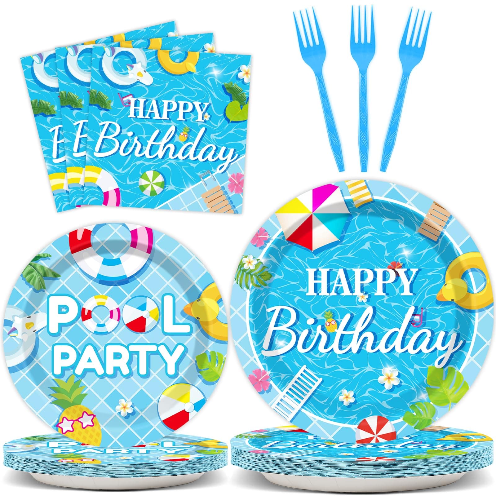 96 Pieces Pool Birthday Party Tableware Set for Summer Beach Table Decorations Supplies Beach Ball Dessert Plates Summer Pool Party Napkins Forks for 24 Guests Hawaiian Birthday Party Favors