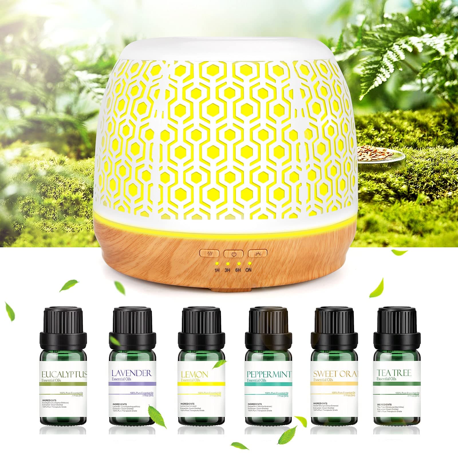 Sworway 500ml Essential Oil Diffuser with 6 Essential Oils of 10ml, Lavender/Lemon/Sweet Orange/Tea Tree/Mint/Eucalyptus Humidifier Auto-off with 7 Color Light for Home, Office, Yoga, SPA