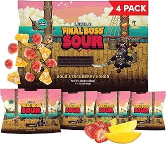 Final Boss Sour Candy, Chewy Dried Strawberry & Mango, 4 Pack, Level 2, Sour Fruit Chews with Real Dried Fruit, No Artificial Colors or Flavors, Low Calorie Snack for Kids, Teens & Adults