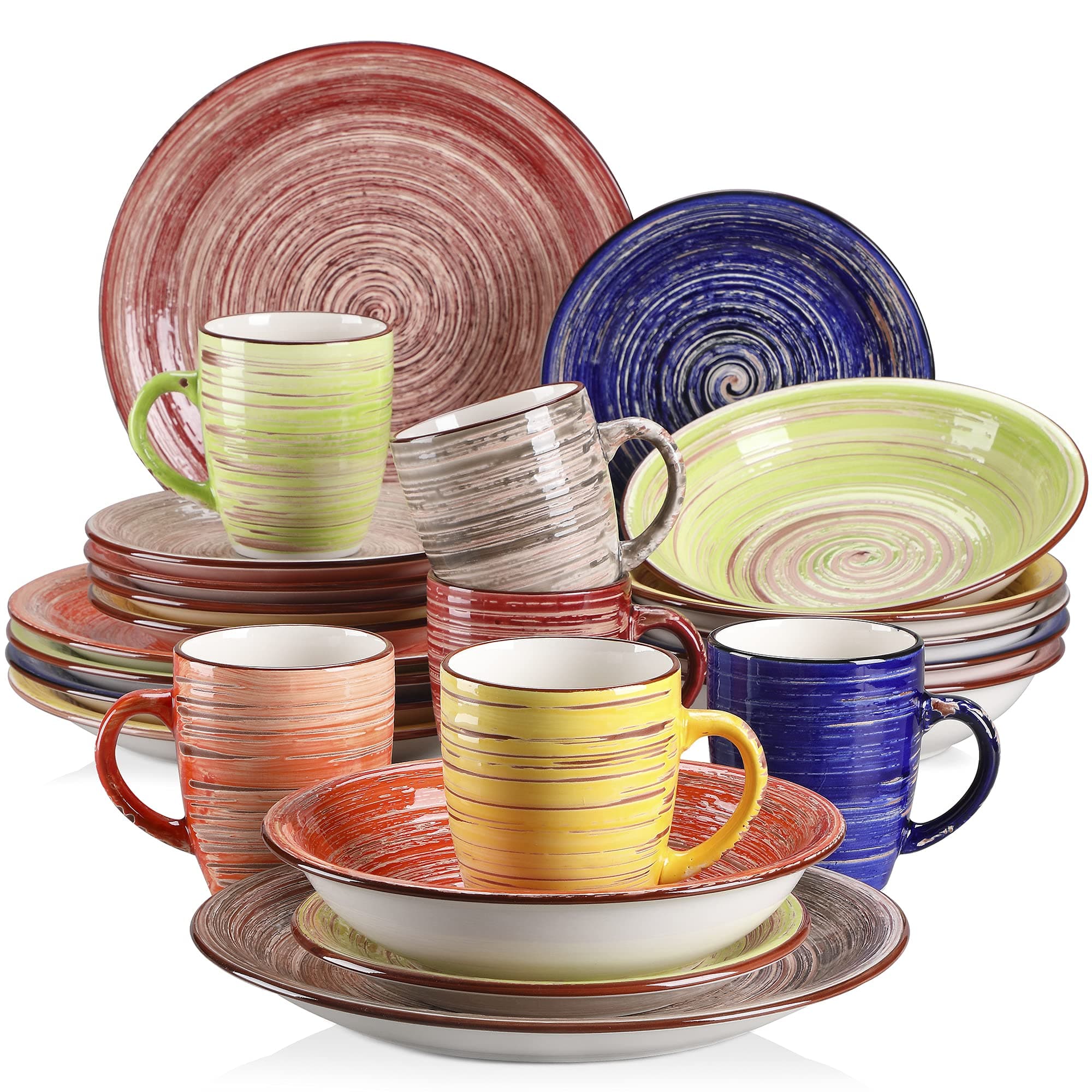 vancasso Albero Dinner Set for 6, Stoneware Dinnerware Set Handpainted Tableware, 24-Piece Multicolour Ceramic Combination Set with Dinner Plate/Dessert Plate/Soup Bowl/Mug, Rustic Chic Style