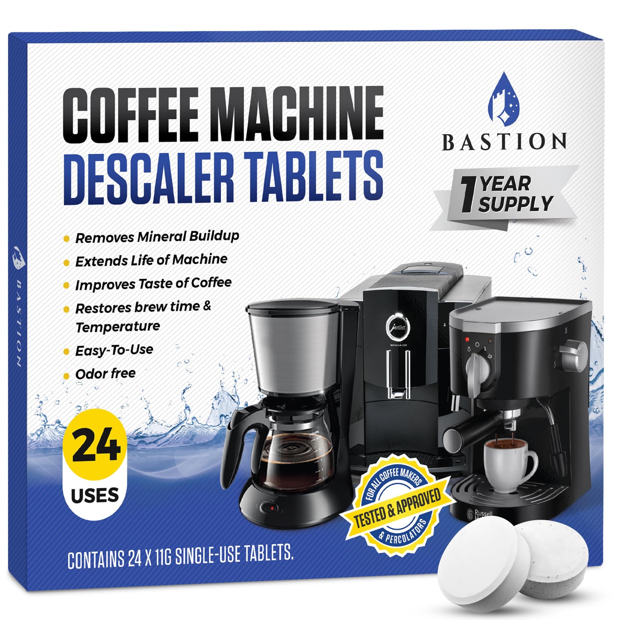 Bastion Coffee Machine Cleaner & Descaler Tablets - 24 Count | Deep Clean & Descale for Keurig, Nespresso, Ninja, Braun, Cuisinart & More | Extend Machine Life & Enhance Coffee Flavor
