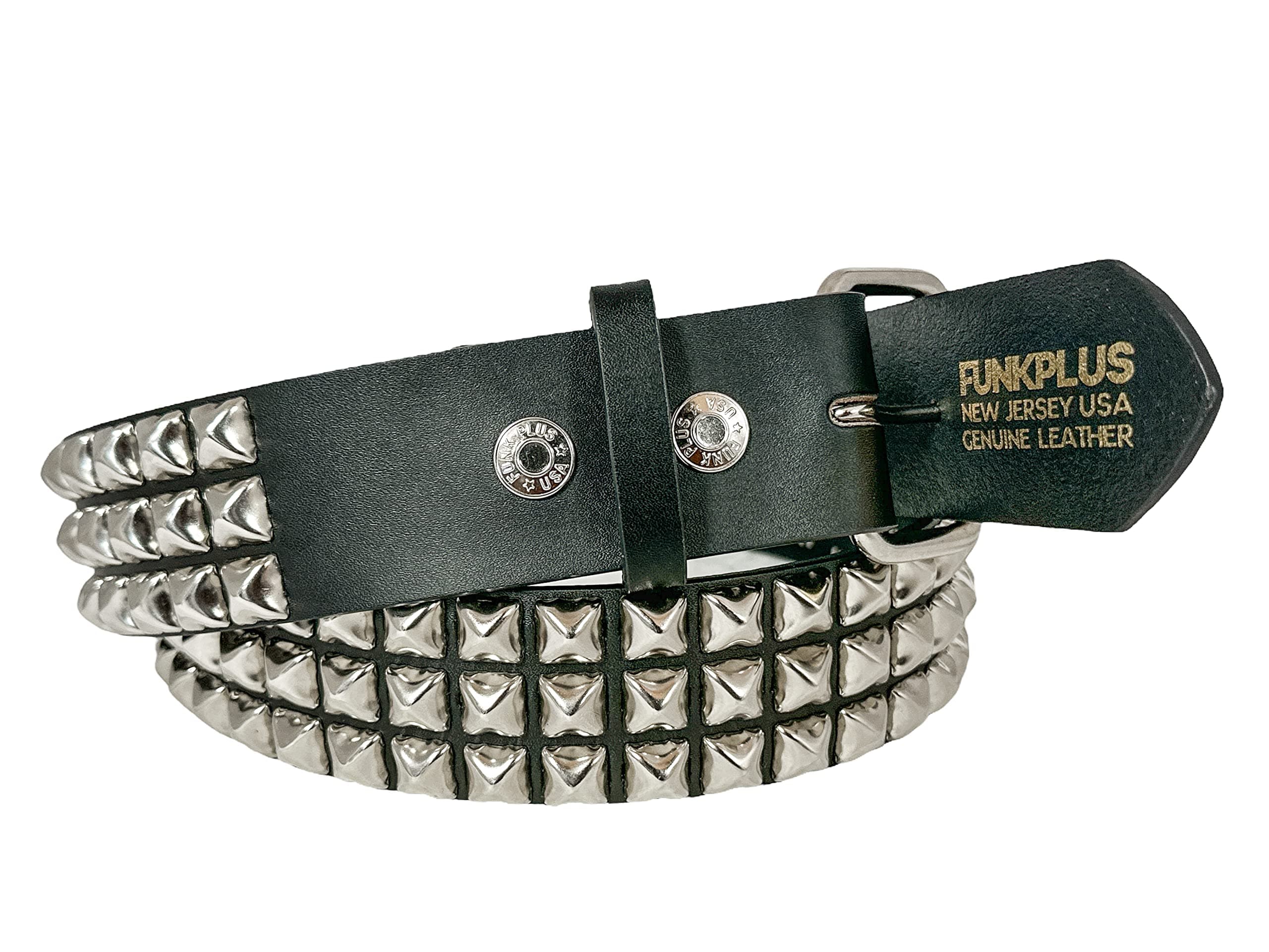 Three Row Pyramid Studded Genuine Leather Belt By Funk Plus Snap Off Buckle FUNK LOGO Snap (Small)