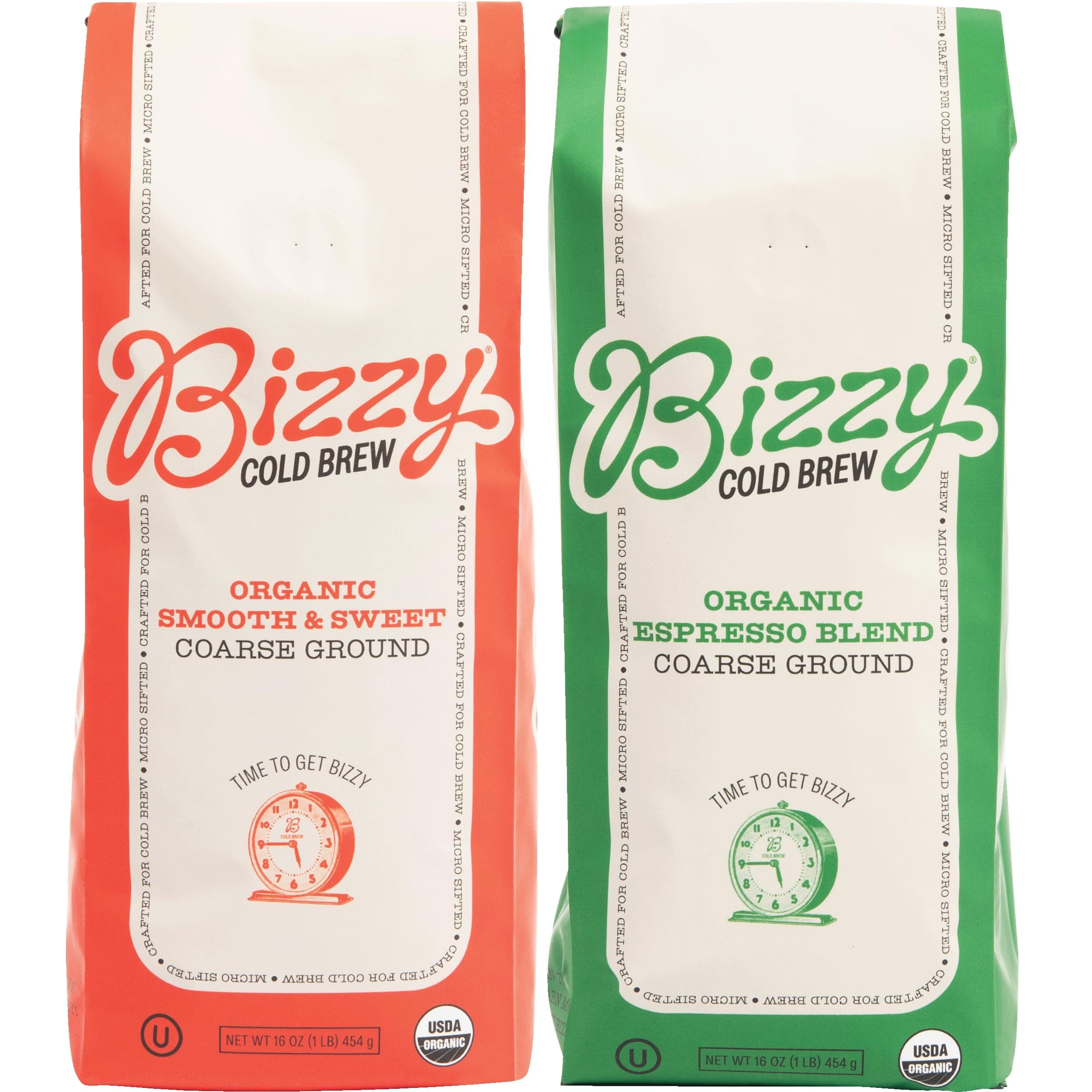 Bizzy Organic Cold Brew Coffee | Bundle | Coarse Ground Coffee | Smooth & Sweet 1 LB + Espresso Blend 1 LB | 2 Pack