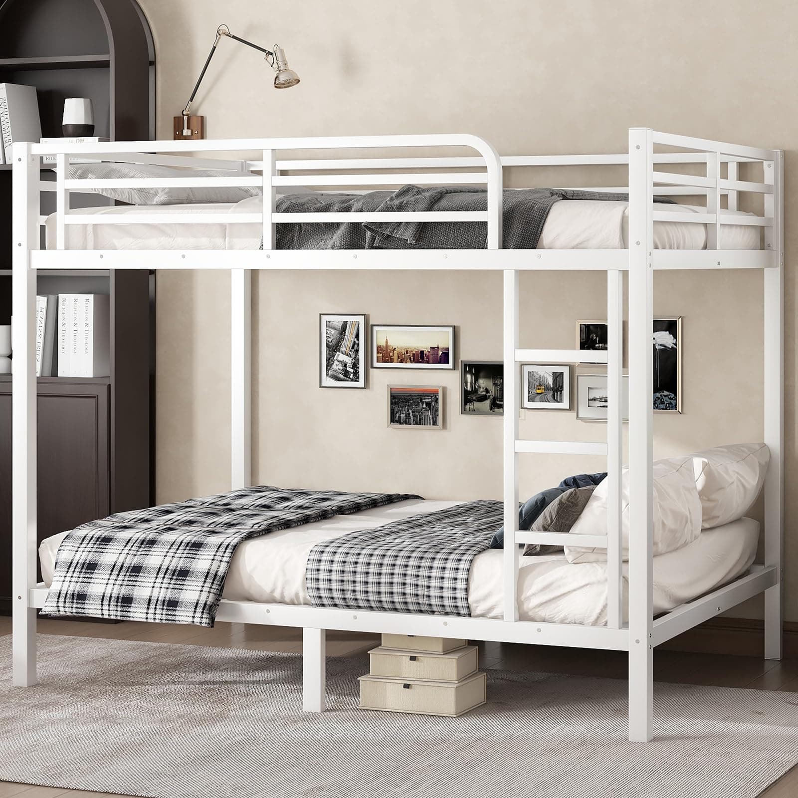 Full Over Full Bunk Bed,Heavy Duty Metal Bunk Bed Frame for Adults,2 Side Ladder,Guardrail,Space-Saving,Noise Reduced,No Box Spring Needed,Black (White, Full Over Full)