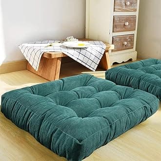 HIGOGOGO Square Meditation Pillow, Large Floor Pillow Solid Thick Tufted Seat Cushion for Balcony Bedroom Tatami Living Room, Dark Green, 22x22 Inch