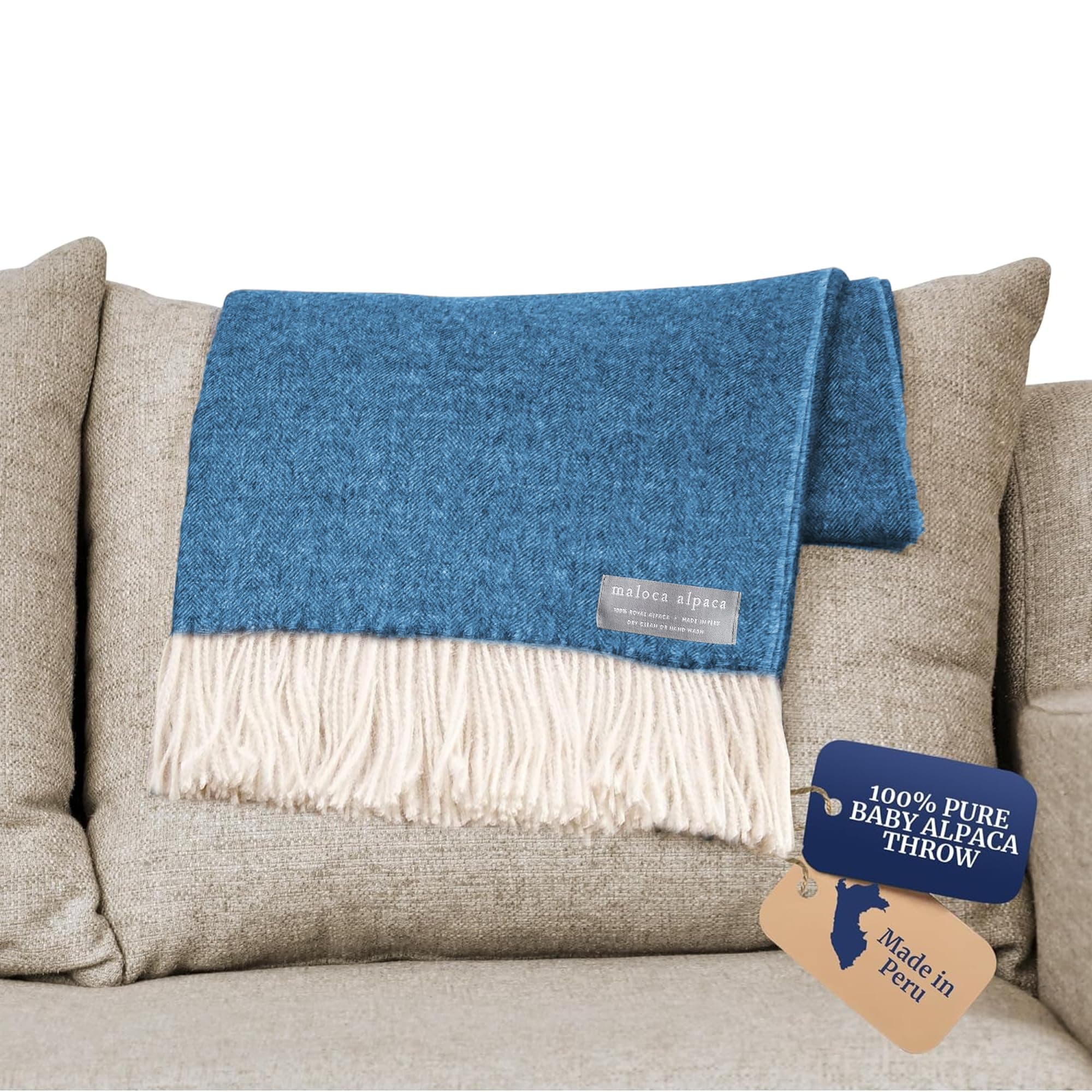 Lightweight Throw Blanket - 100% Baby Alpaca Wool Herringbone Weave - Ethically Sourced - Gentle on Skin - Softer and Warmer Than Wool - Limited Production - Indigo