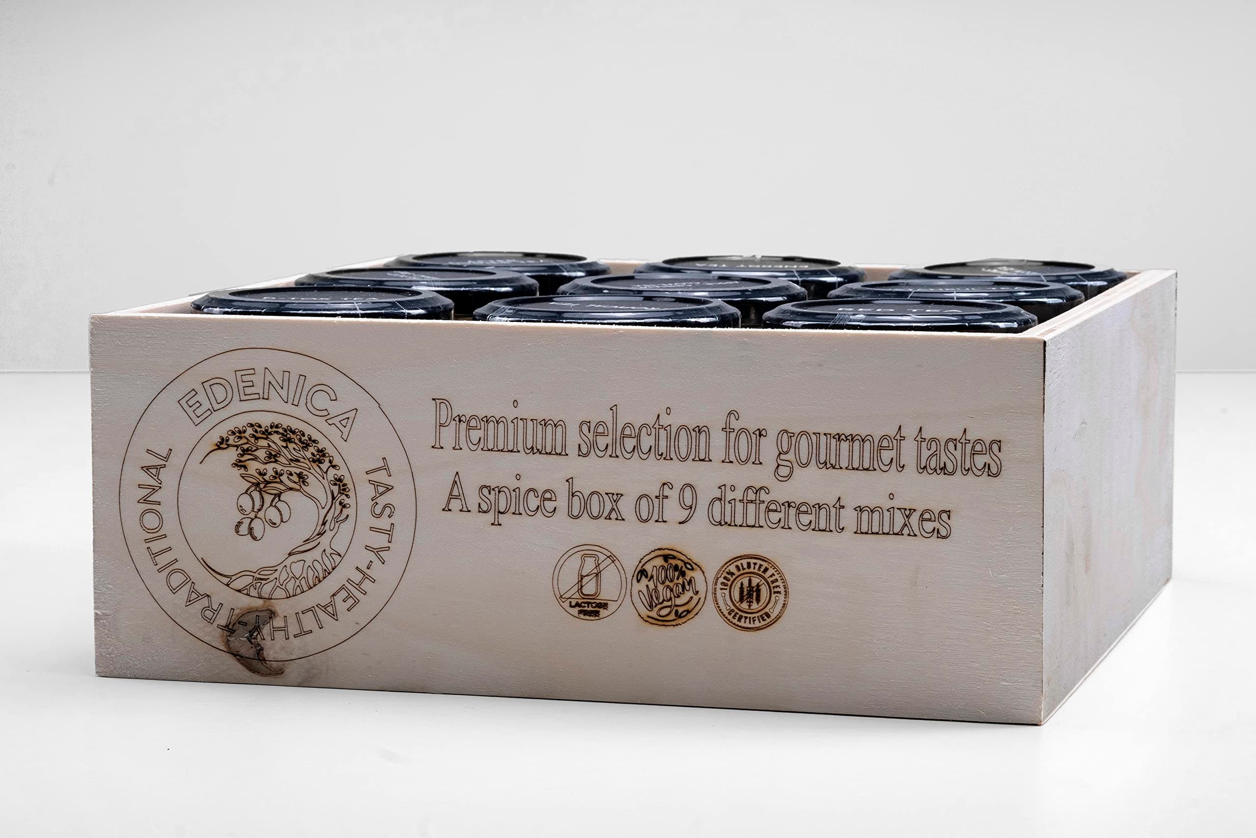 Spice set with 9 different premium natural mix inside of customizable poplar tree box