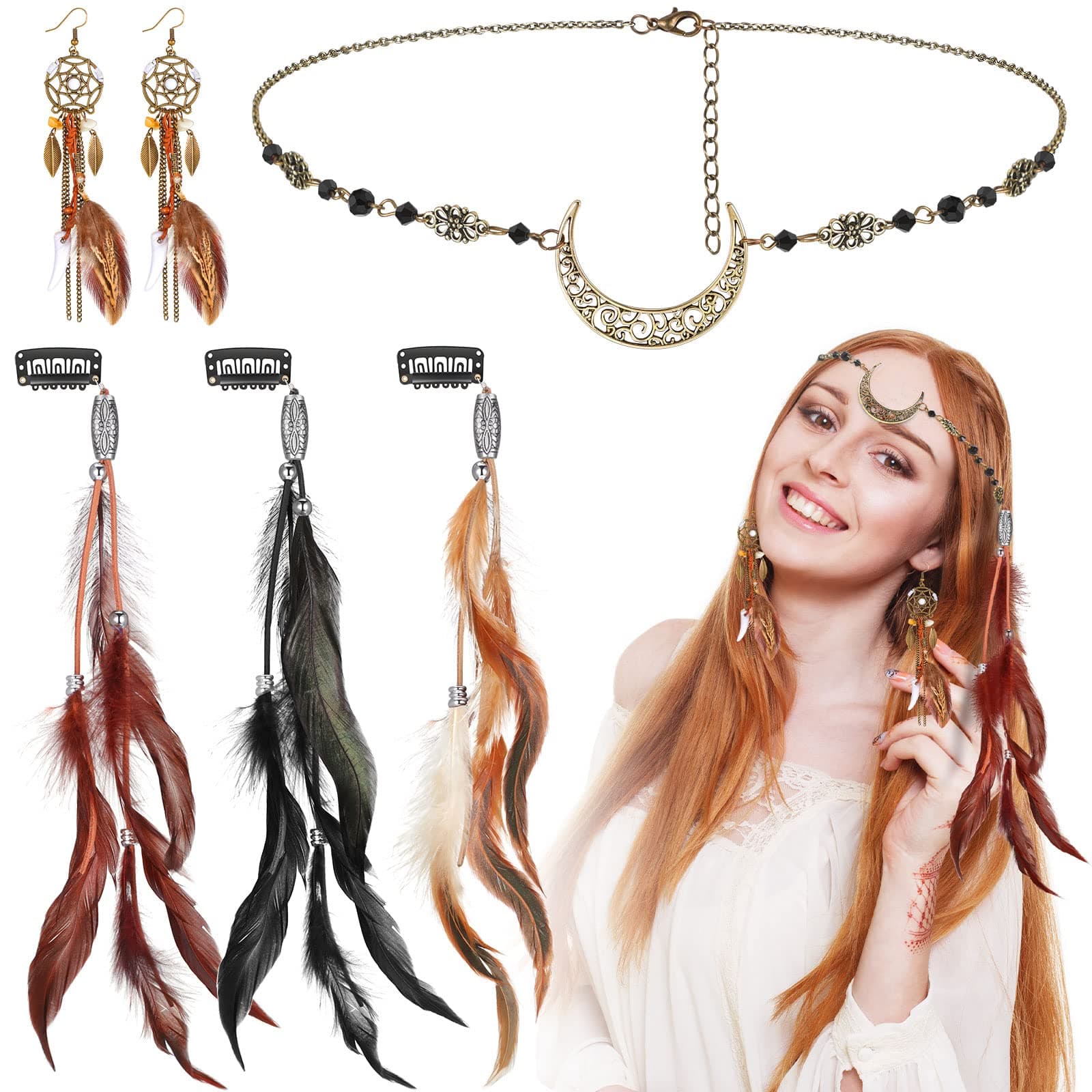 Kigeli5 Pack Feather Hair Clips Boho Head Moon Chain Crystal Vintage Forehead Jewelry Witch Headpiece Hippie Comb with Long Tassel Feather Earrings Costume for Party Halloween Women, 5 Piece Set,