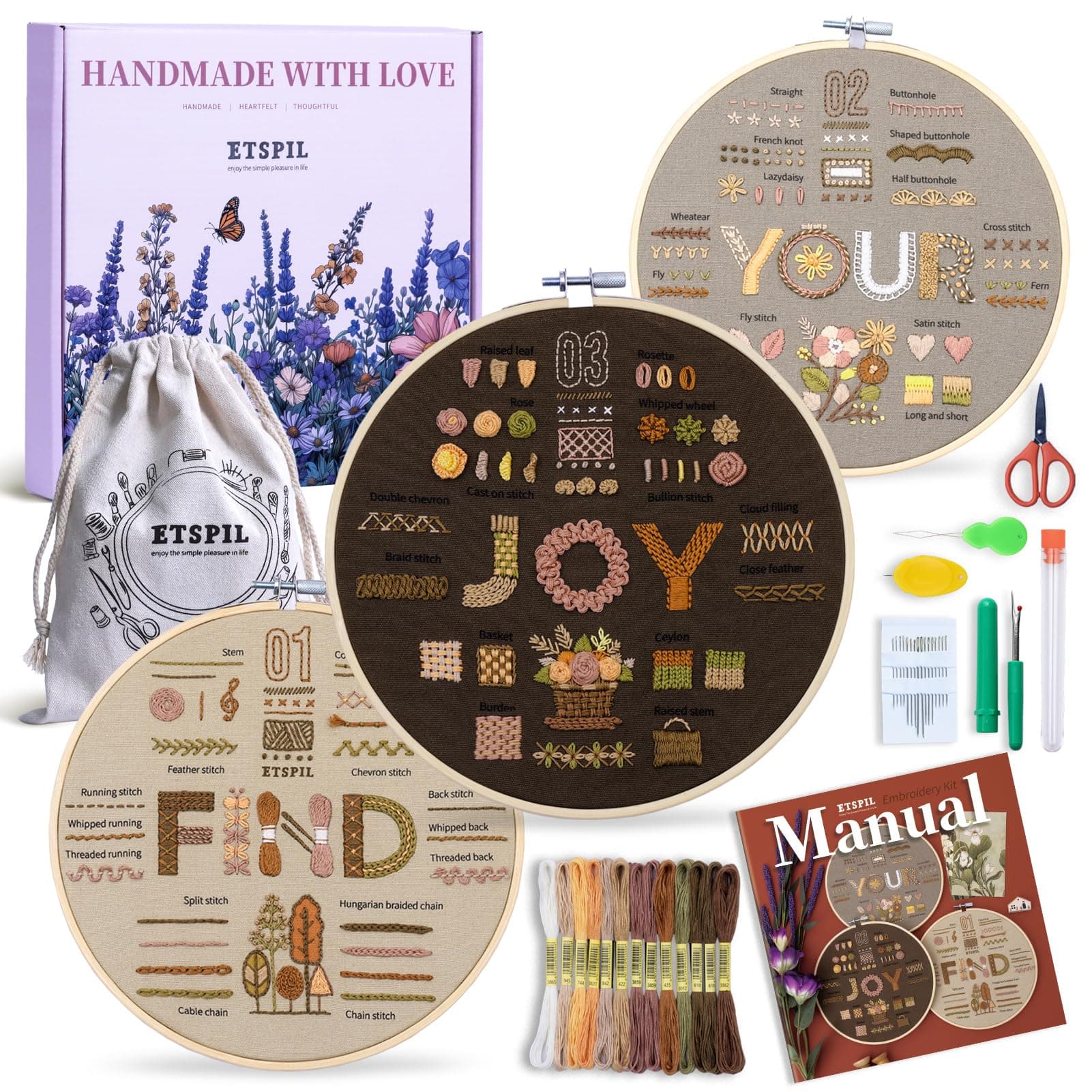 ETSPIL Find Your Joy Beginner Embroidery Kit,3 Pack DIY Starter Kits for Adults with 42 Stitch, Stamped Patterns, Floral Designs, Embroidery Hoop, Colorful Floss, Video Tutorials, and Storage Bag