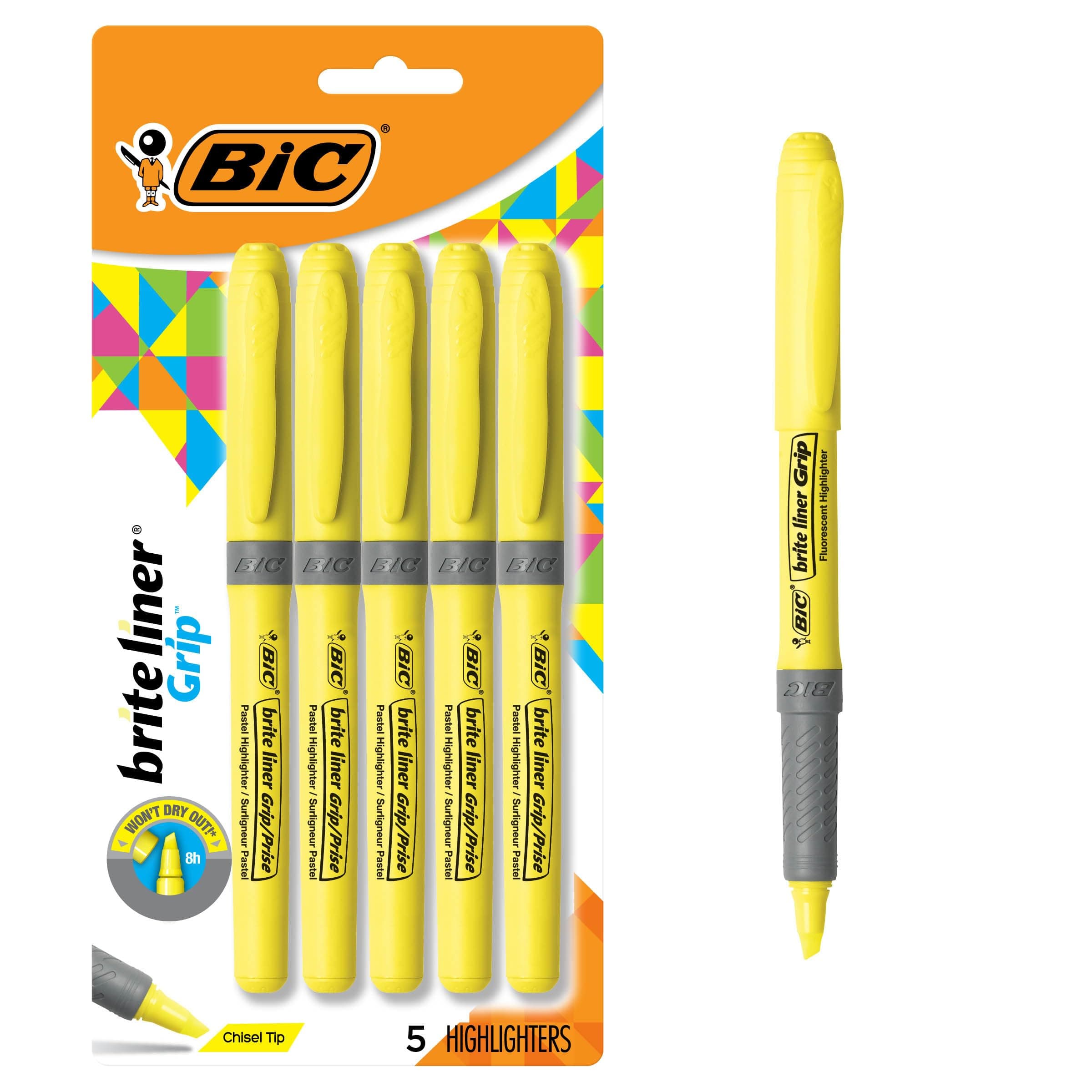 Brite Liner Grip Highlighters, Chisel Tip, 5-Count Pack of Highlighters, Yellow, Ideal Highlighter Set for Organizing and Coloring