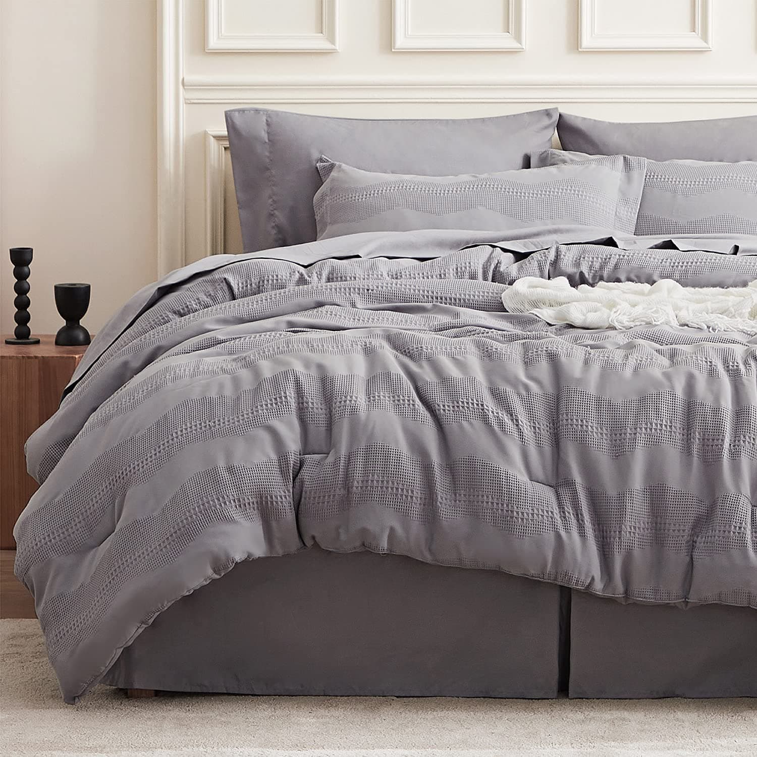 Bedsure Bed in a Bag - Waffle Weave Twin Comforter Sets, 6 Piece Bedding Comforters & Sets, Super Soft & Cozy All Season Complete Set (Twin, Grey)
