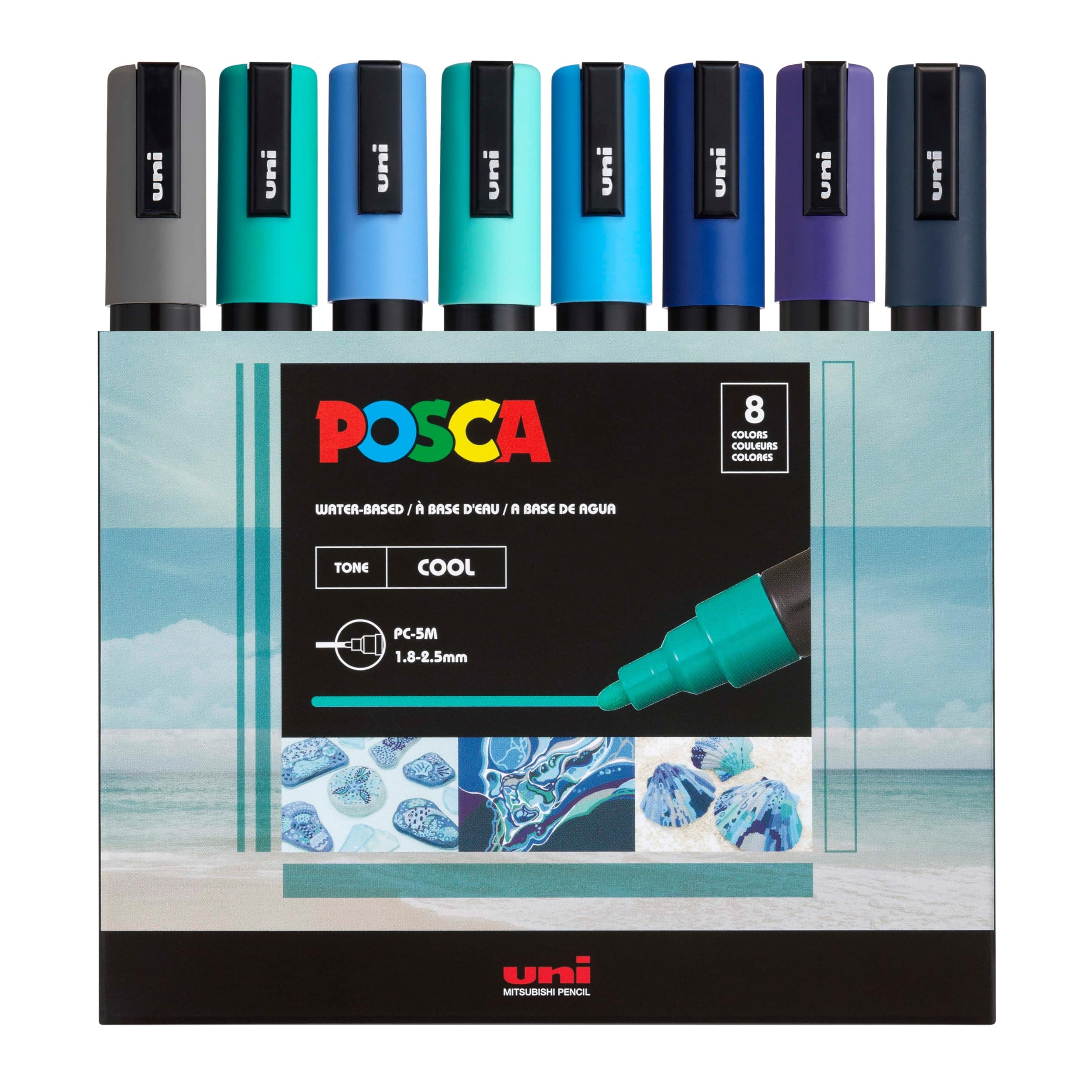 Markers Set, 8 Medium Paint Markers 5M – Cool Tone – Grey, Emerald Green, Sky Blue, Aqua Green, Light Blue, Blue, Blue
