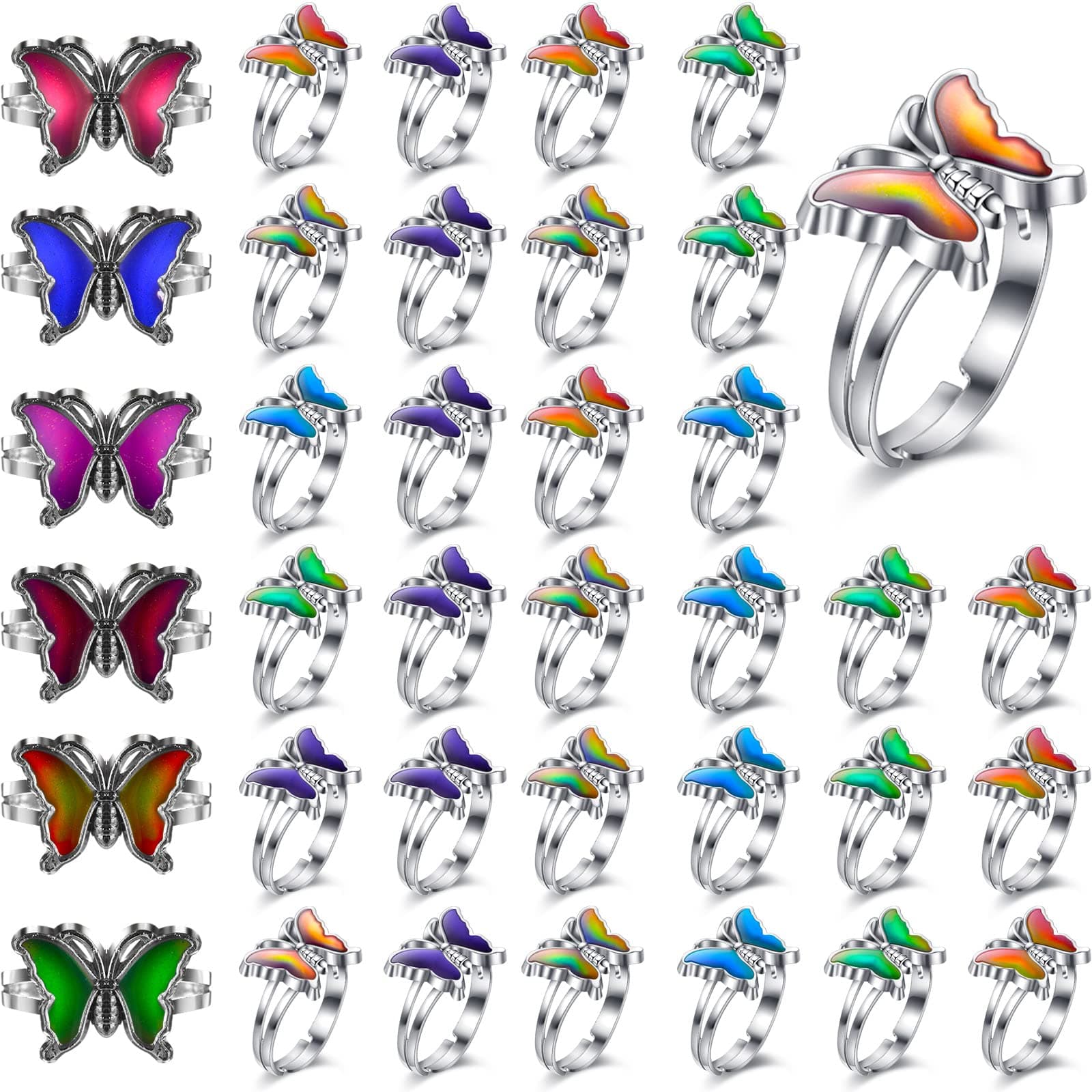 30 Pcs Mood Ring Adjustable Size Color Changing Mood Rings for Kids Girls and Boys Gift Costume Props Birthday Party Favors Halloween Costume Accessories(Butterfly)