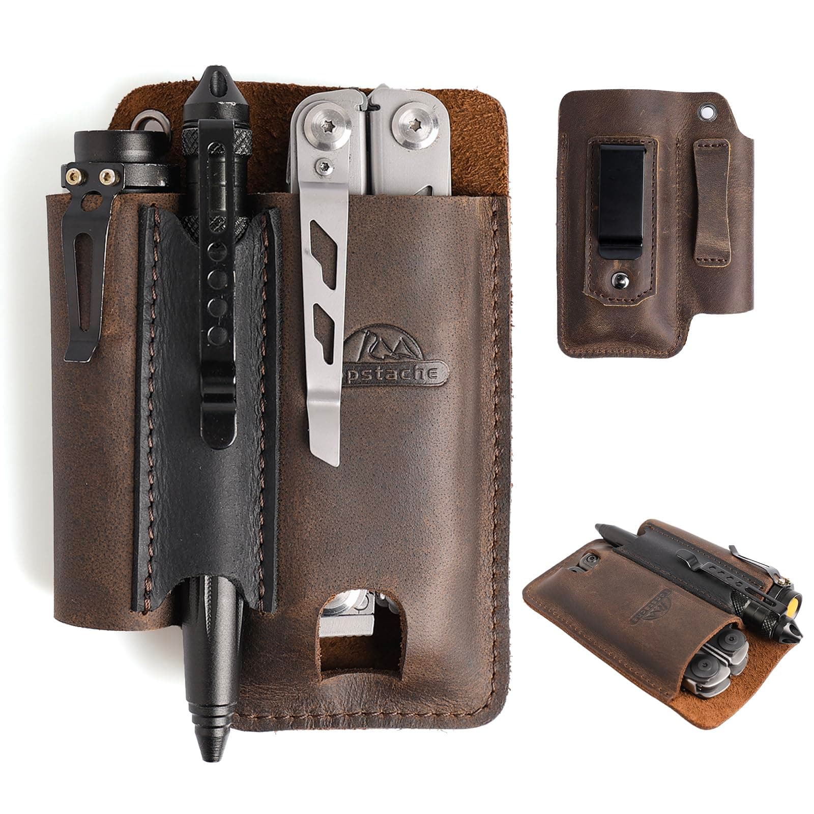 Leather Multitool Sheath with Belt Clip - Multitool Holster for Belt - EDC Belt Organizer Fits, Flashlight, Pen - Leather Pouch - Holder, Dark Brown