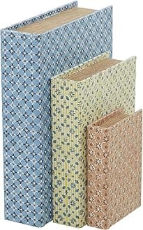 Deco 79 Canvas Faux Book Box with Varying Patterns, Set of 3 12", 9", 6"H, Blue