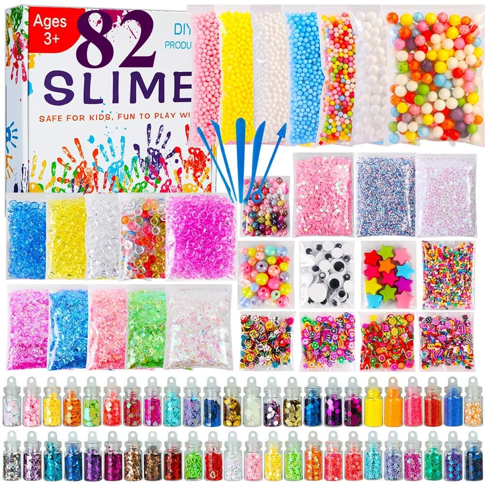 Slime Supplies - 82 Pack DIY Slime Kit, Include Floam Beads, Fishbowl Beads, Glitter Jars, Googly Eyes, Colorful Shells, Pearls and Sprinkled for Soft Clay Fluffy Slime Making