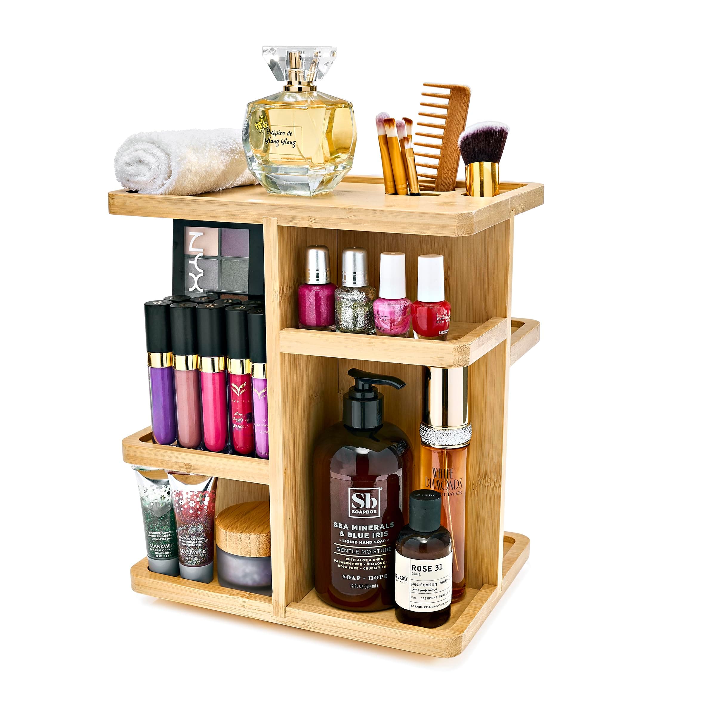 360° Bamboo Cosmetic Organizer, Multi-Function Storage Carousel for Makeup, Toiletries, and More - Great for Vanity, Desk, Bathroom, Bedroom, Closet, Kitchen