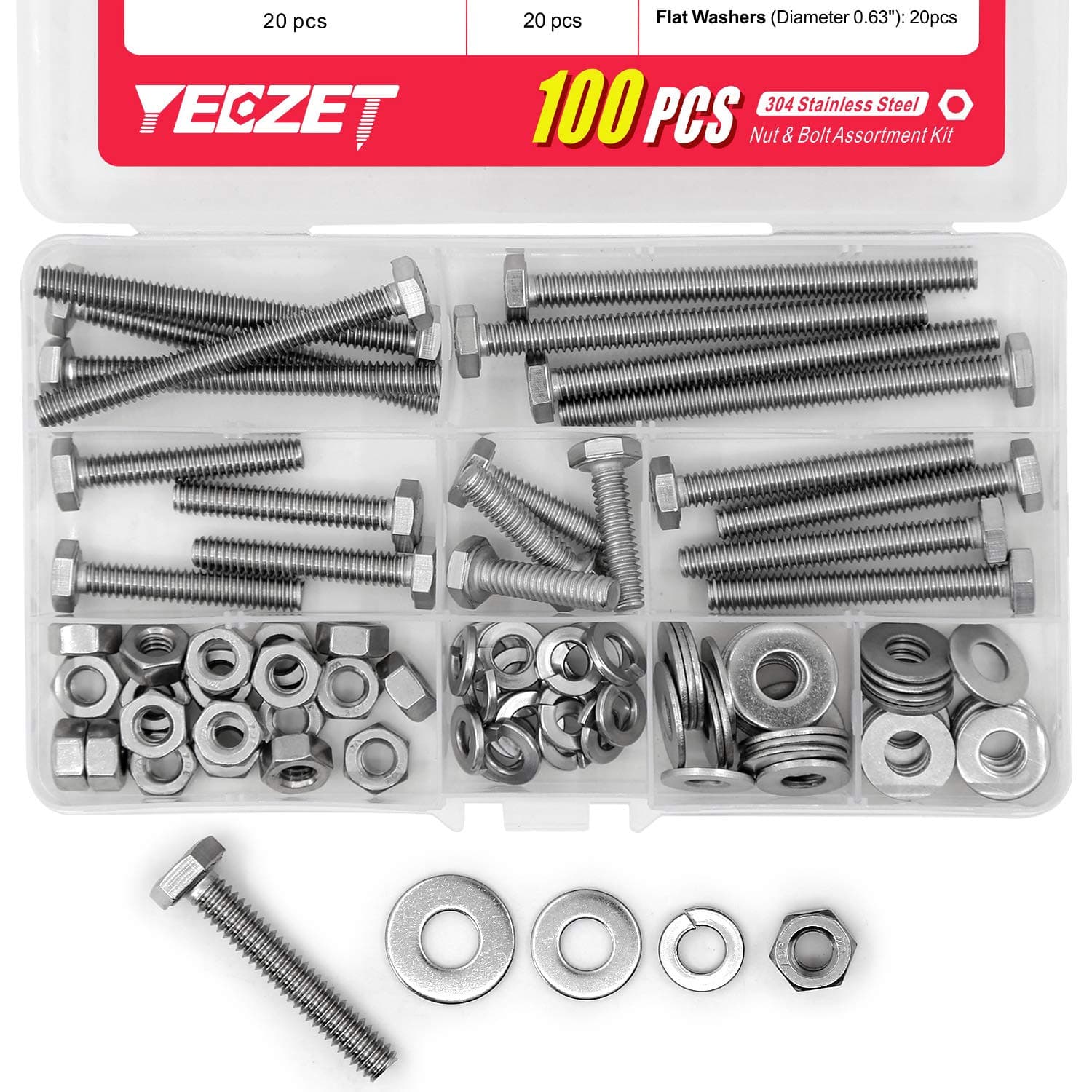 100PCS 1/4-20x1, 1-1/2", 2", 2-1/2", 3" Stainless Steel Hex Head Screws Bolts and Nuts Flat & Lock Washers Assortment Kit, 304 Stainless Steel 18-8,Fully Machine Thread, Bright Finish