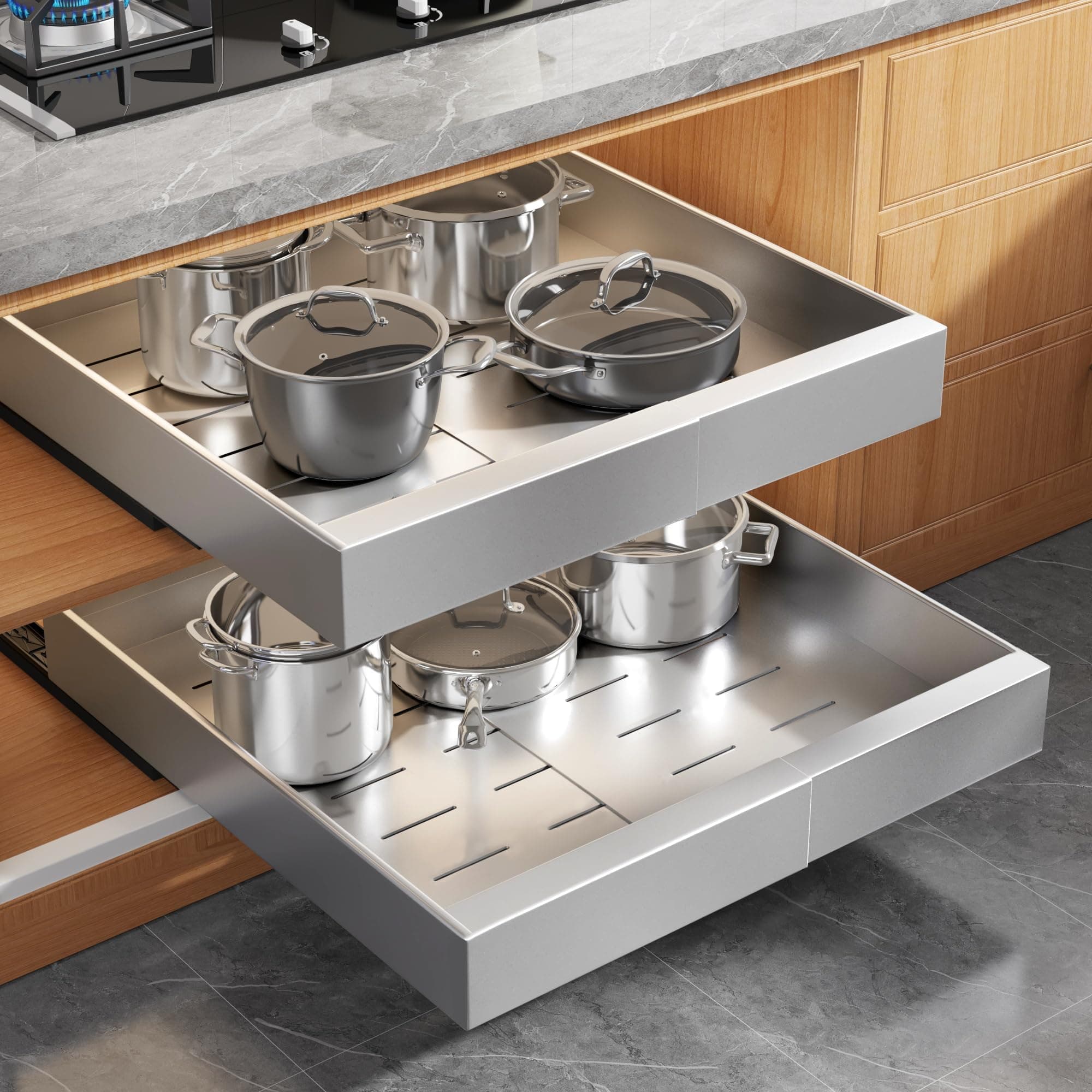 2Pack Expandable Pull Out Cabinet Organizer 21"Deep With Raising Pad for Framed Cabinets, Upgrade 3 Slide Rails Slide Out Drawers,Roll Out Shelves Adhesive,Adjustable Width 12.05"-20.4"Silver